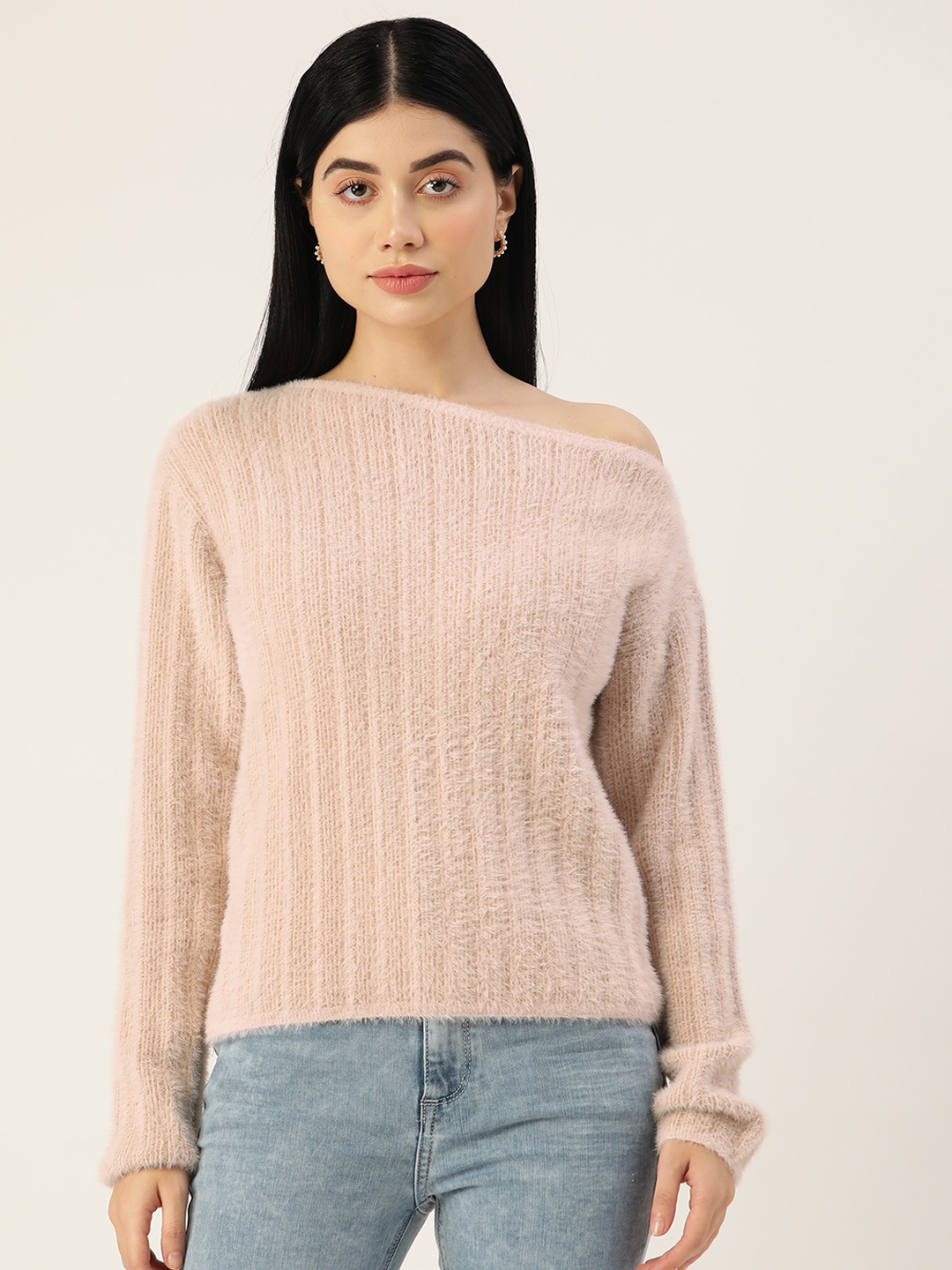 

Madame Women Peach-Coloured Self Striped Pullover with Fuzzy Detail