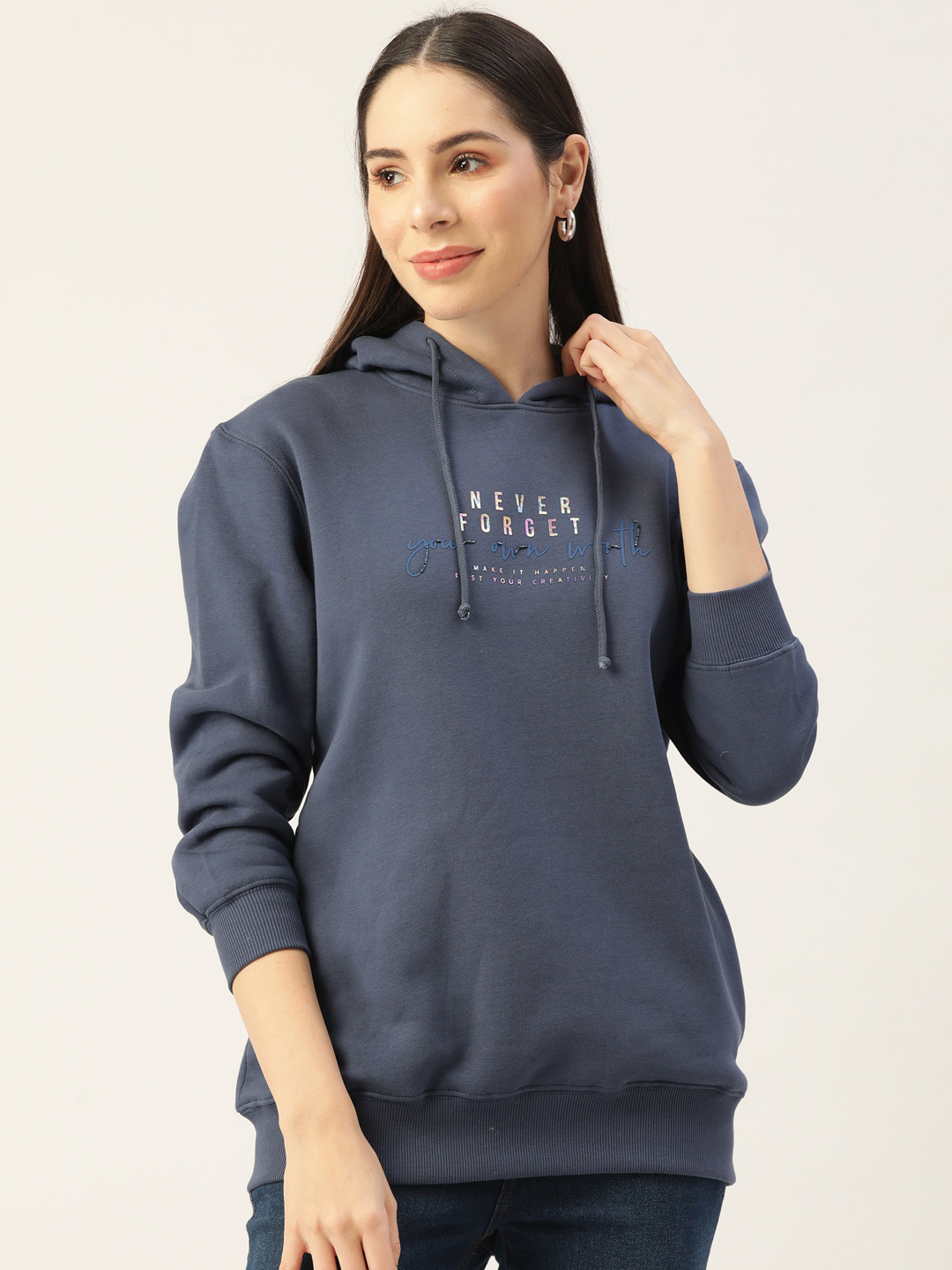 

Madame Women Navy Blue Printed Hooded Sweatshirt With Embellished Detail