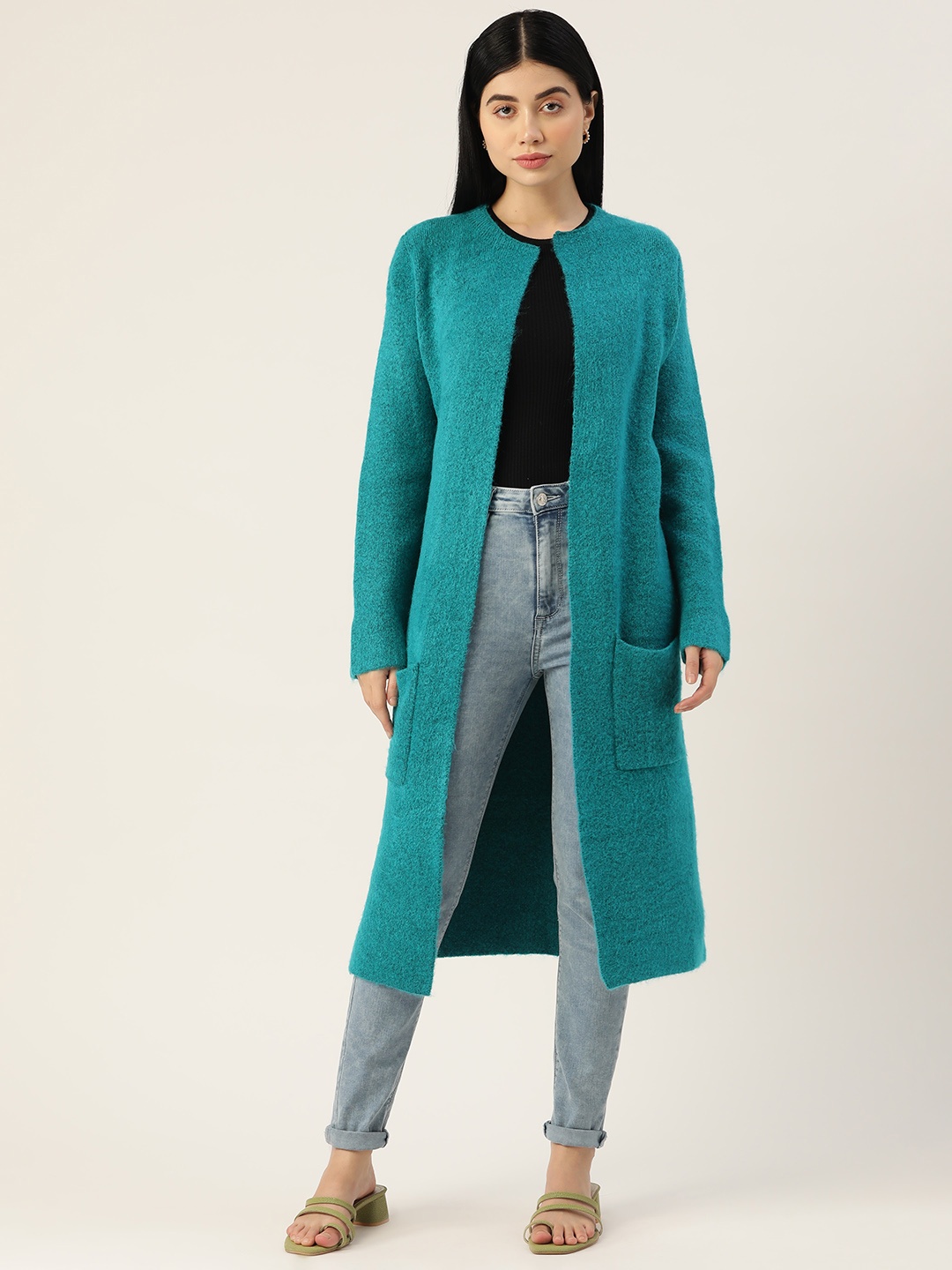 

Madame Women Turquoise Blue Solid Longline Front-Open Cardigan
