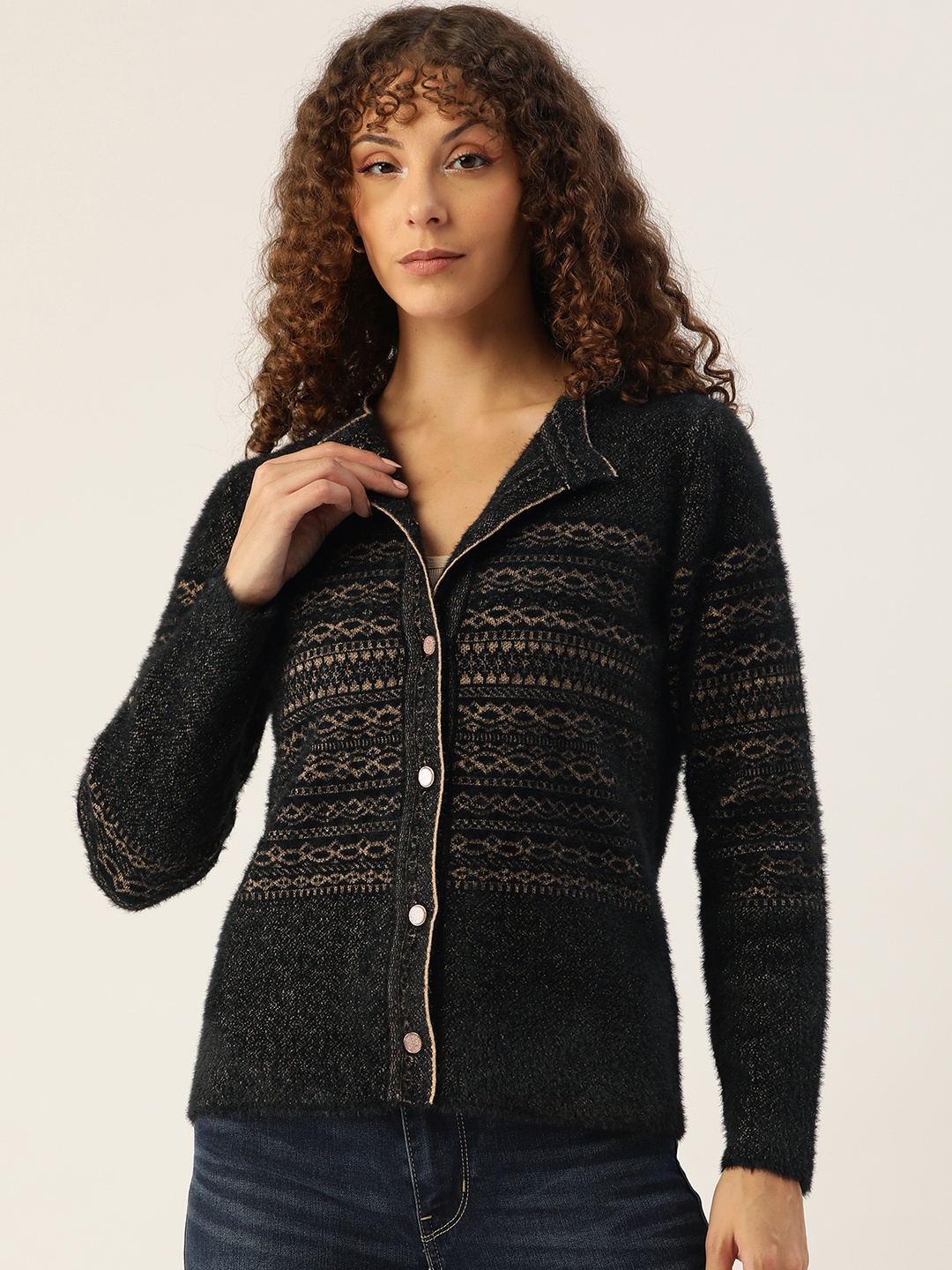 

Madame Women Black Self Design Cardigan