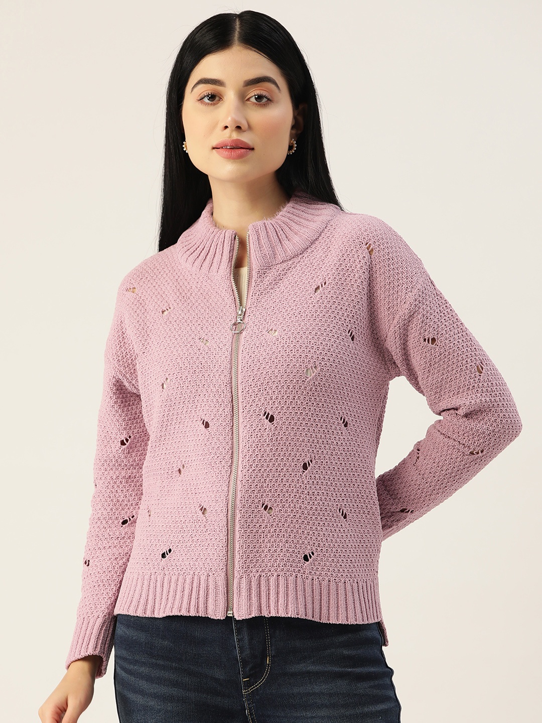 

Madame Women Lavender Self Design Open Knit Cardigan