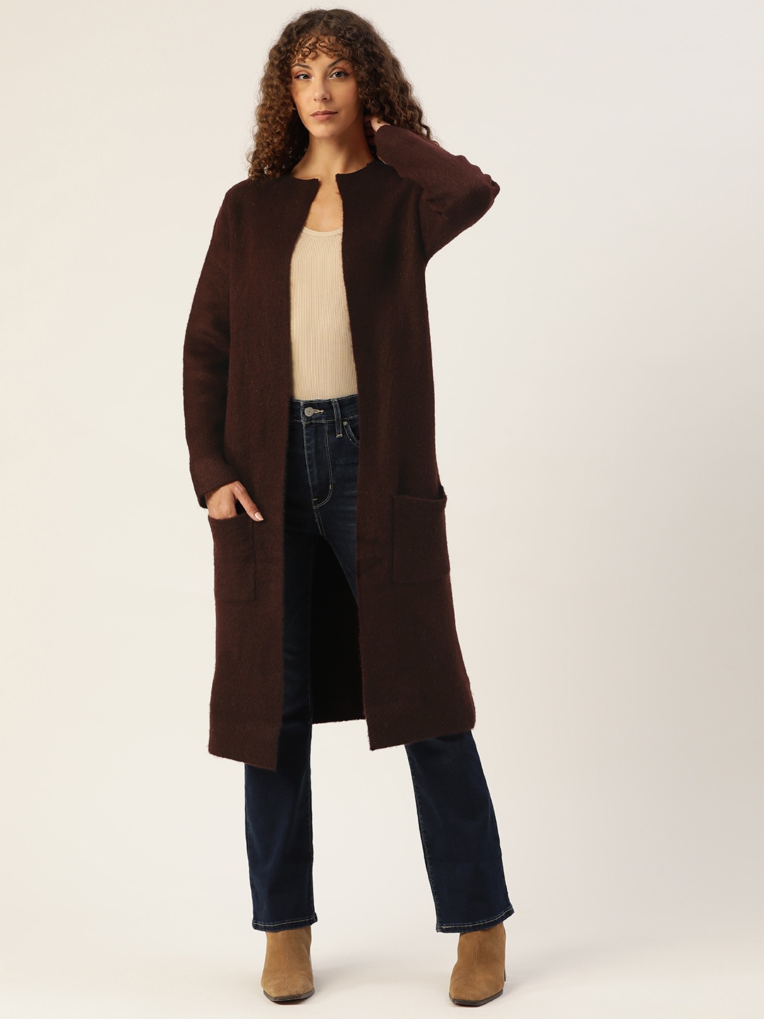 

Madame Women Brown Front-Open Longline Sweater