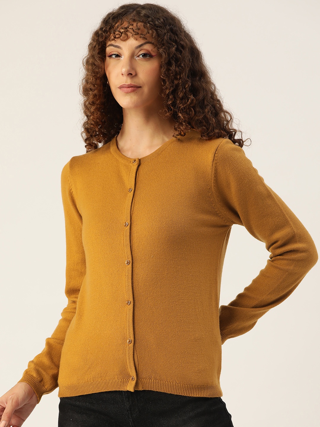 

Madame Women Mustard Yellow Solid Long Sleeves Cardigan