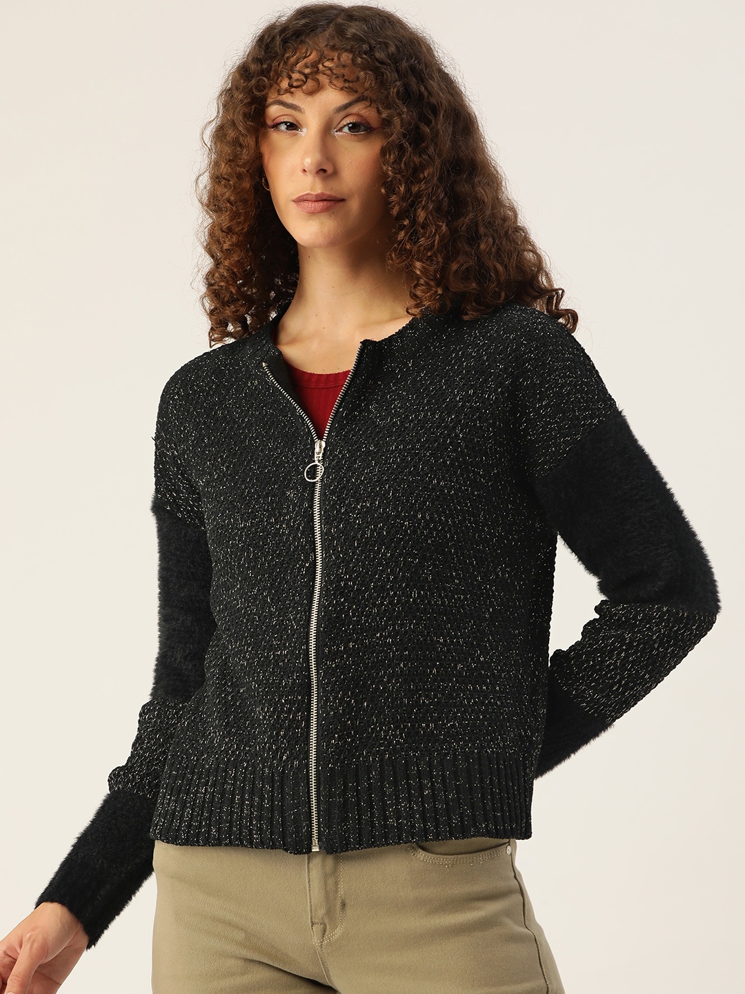 

Madame Women Black Solid Cardigan with Fuzzy Sleeves Detail