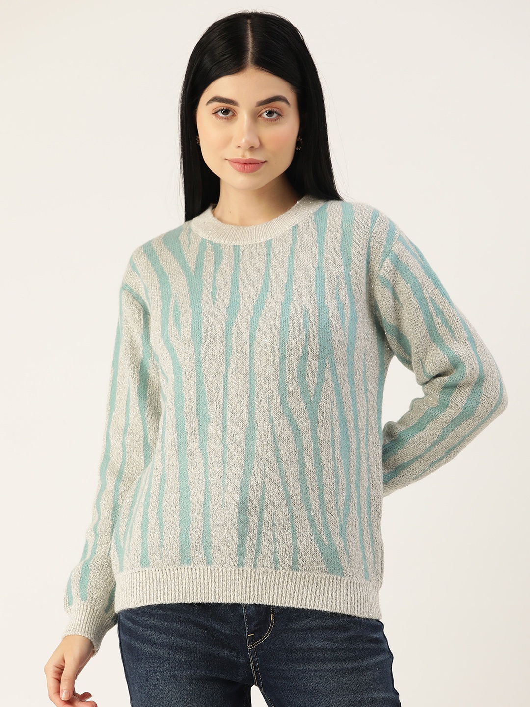 

Madame Women Grey & Blue Self Design Animal Pattern Pullover