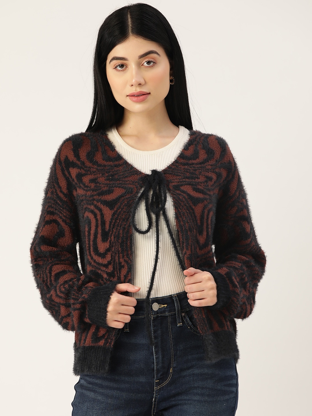 

Madame Women Rust Orange & Navy Blue Front-Open Fuzzy Detail Sweater
