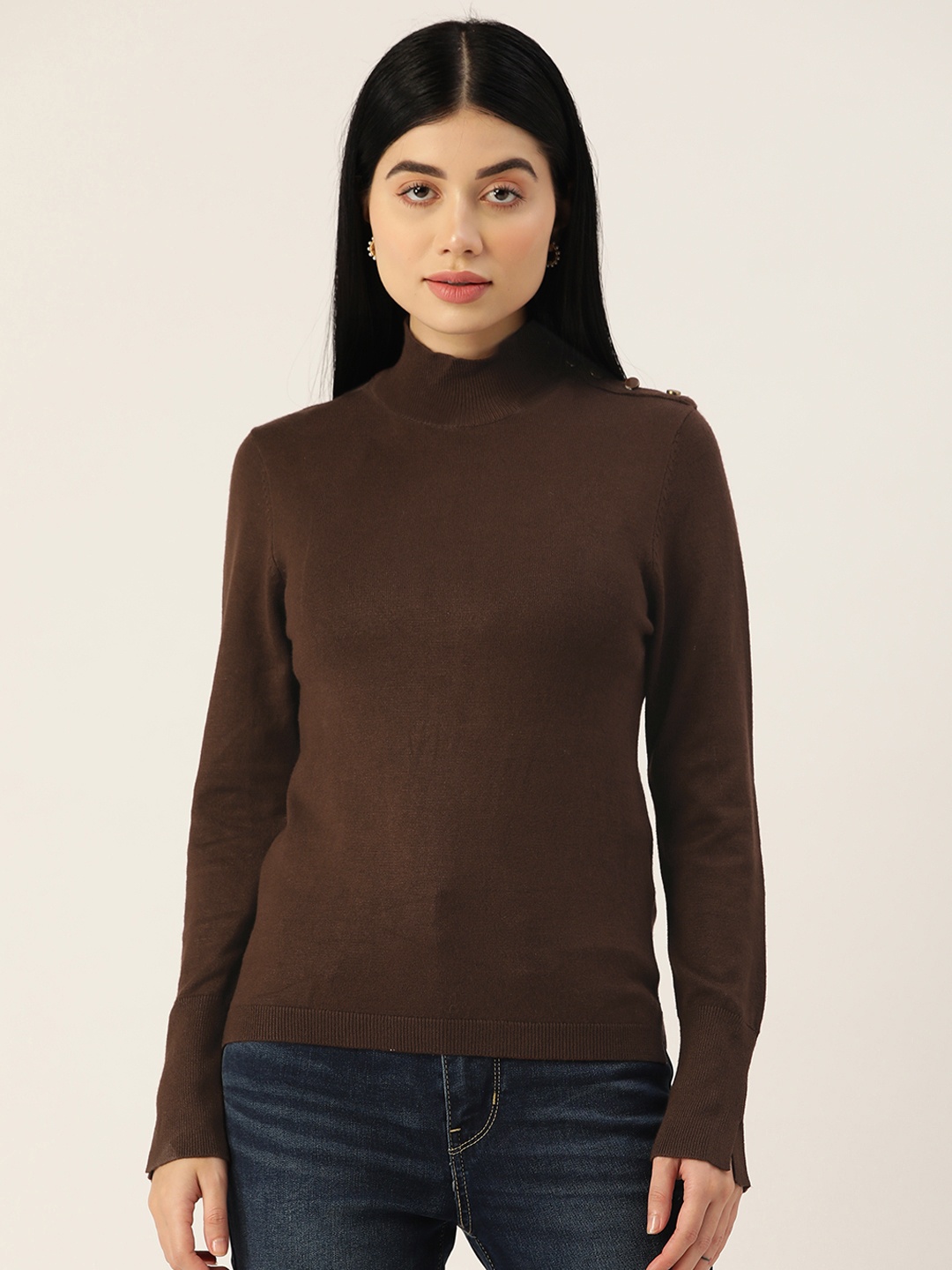 

Madame Women Brown Solid High Neck Pullover With Button Details