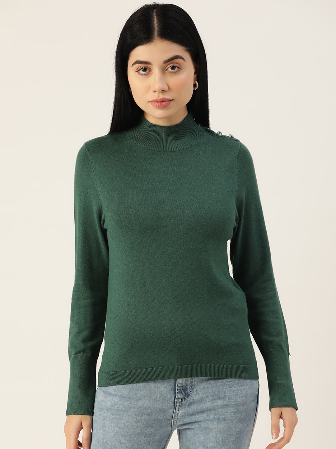 

Madame Women Green Solid High Neck Pullover With Button Details