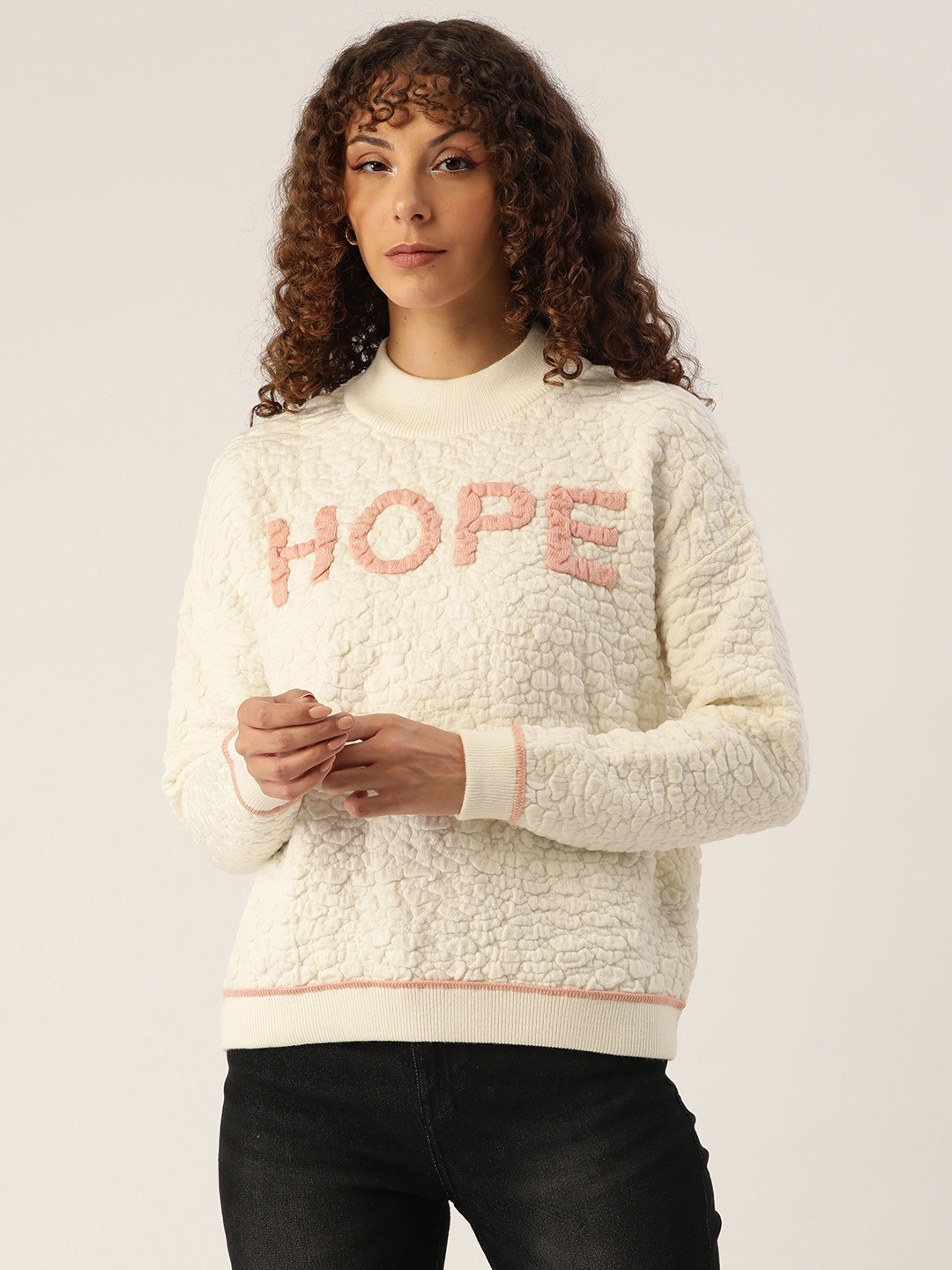 

Madame Women Off White & Peach-Coloured Typography Pullover