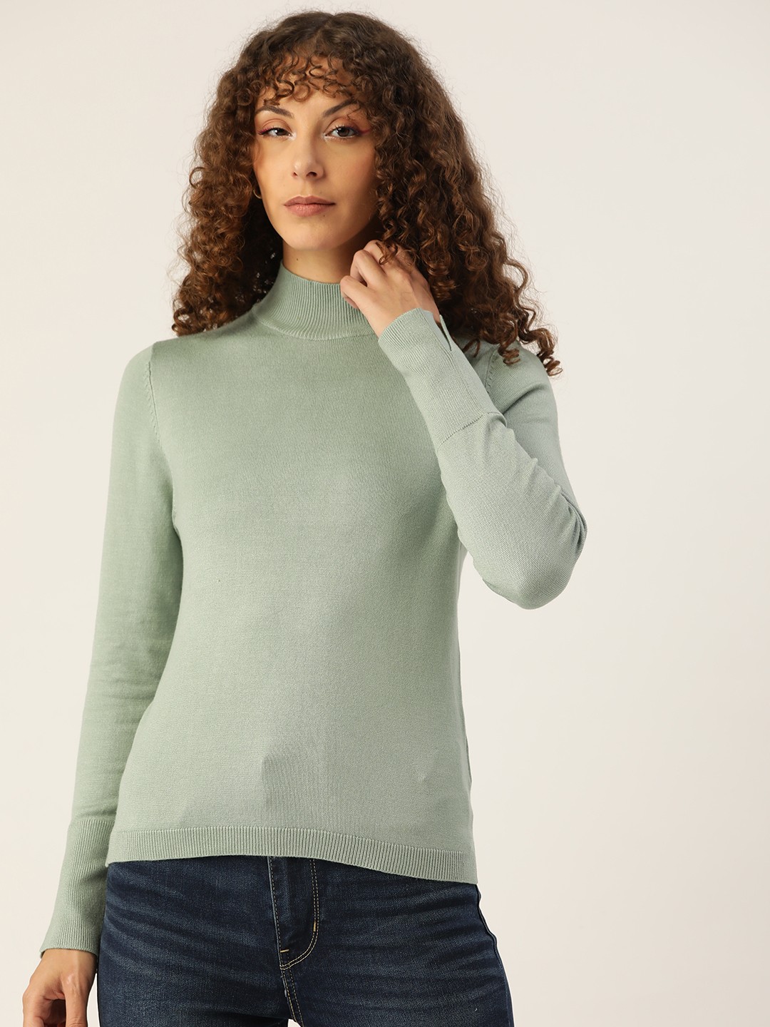 

Madame Women Mint Green Solid High Neck Pullover With Button Details