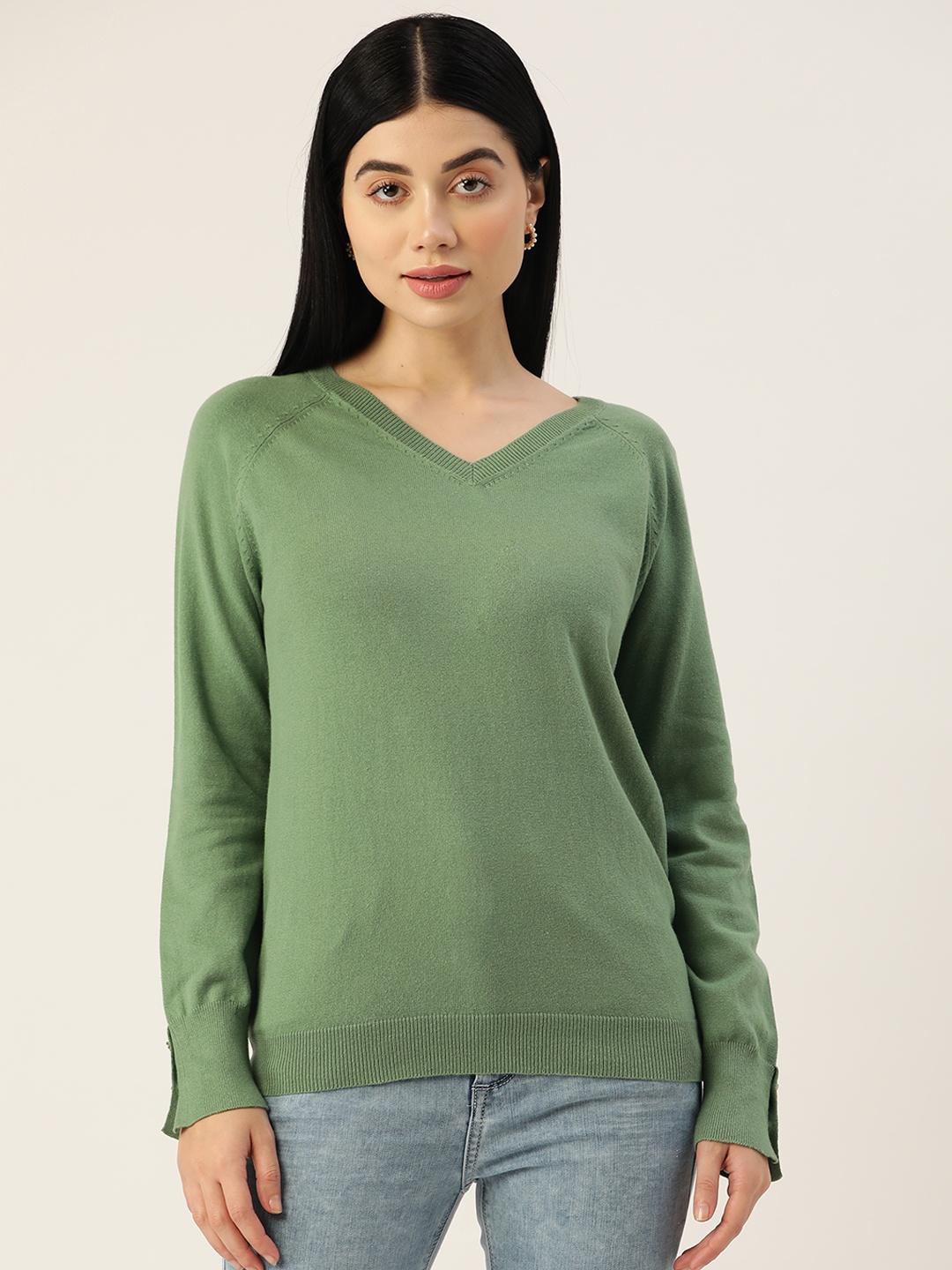 

Madame Women Green Solid Knitted Pullover