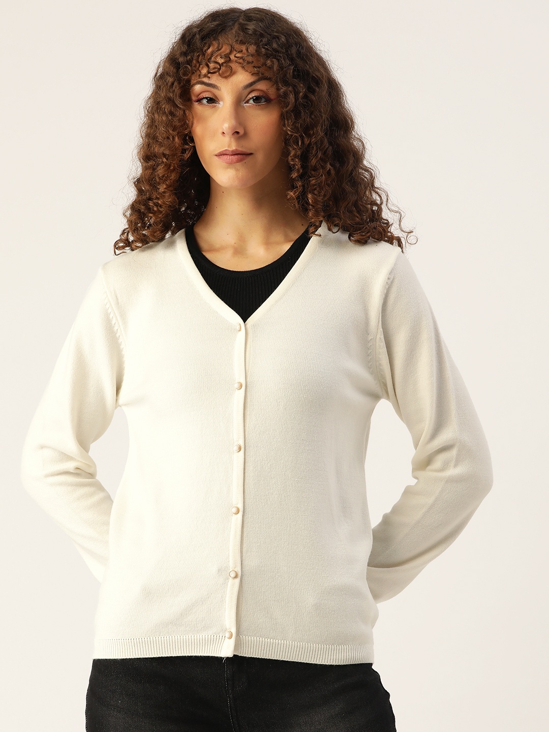 

Madame Women Off White Solid Knitted Cardigan