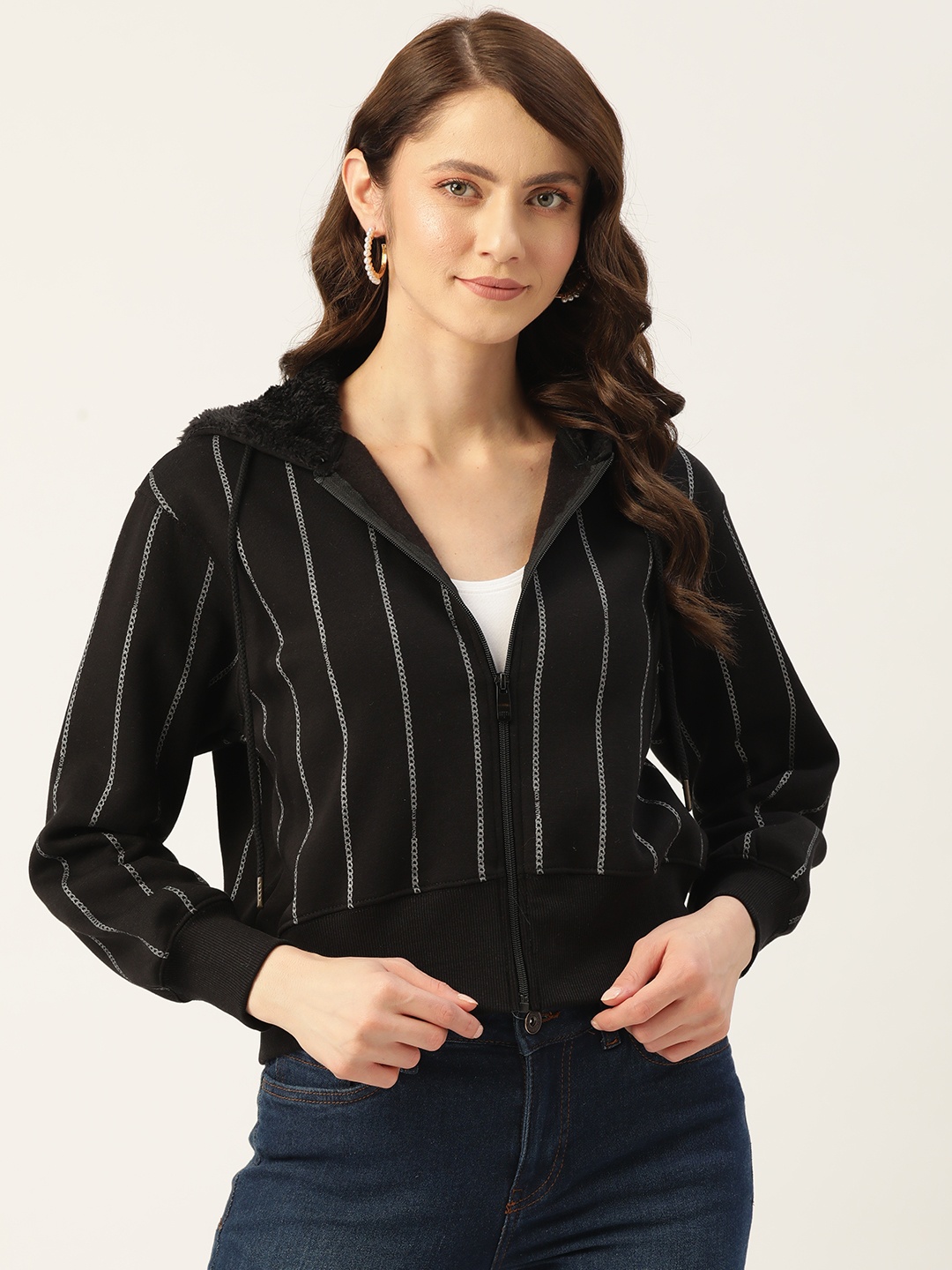 

Madame Women Black & Silver-Toned Striped Hooded Sweatshirt