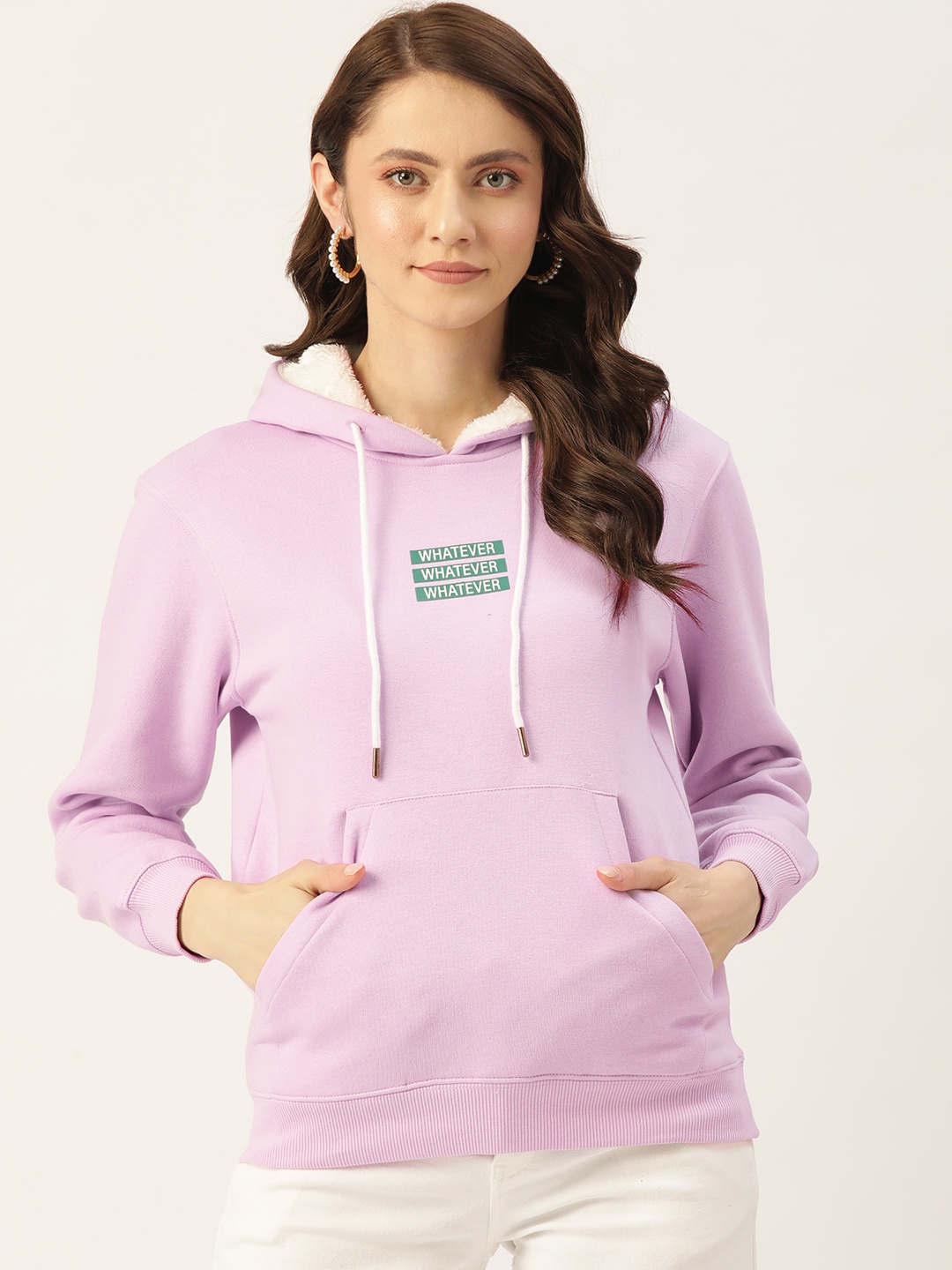 

Madame Women Lavender Typography Printed Hooded Sweatshirt