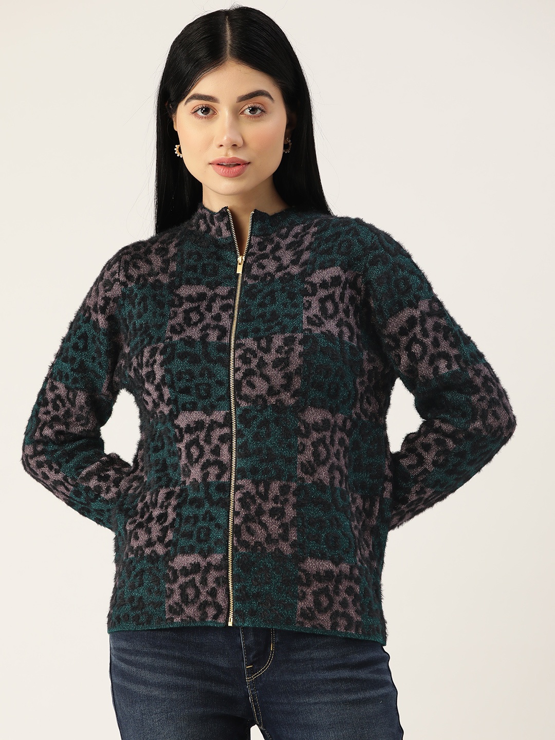 

Madame Women Green & Black Animal Design Cardigan with Fuzzy Detail