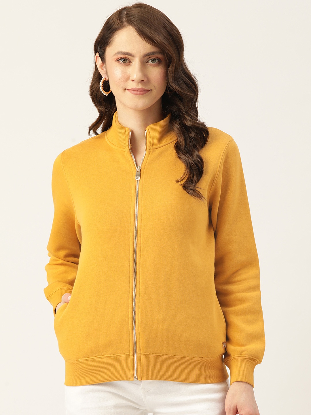 

Madame Women Mustard Yellow Solid Mock Collar Front-Open Sweatshirt