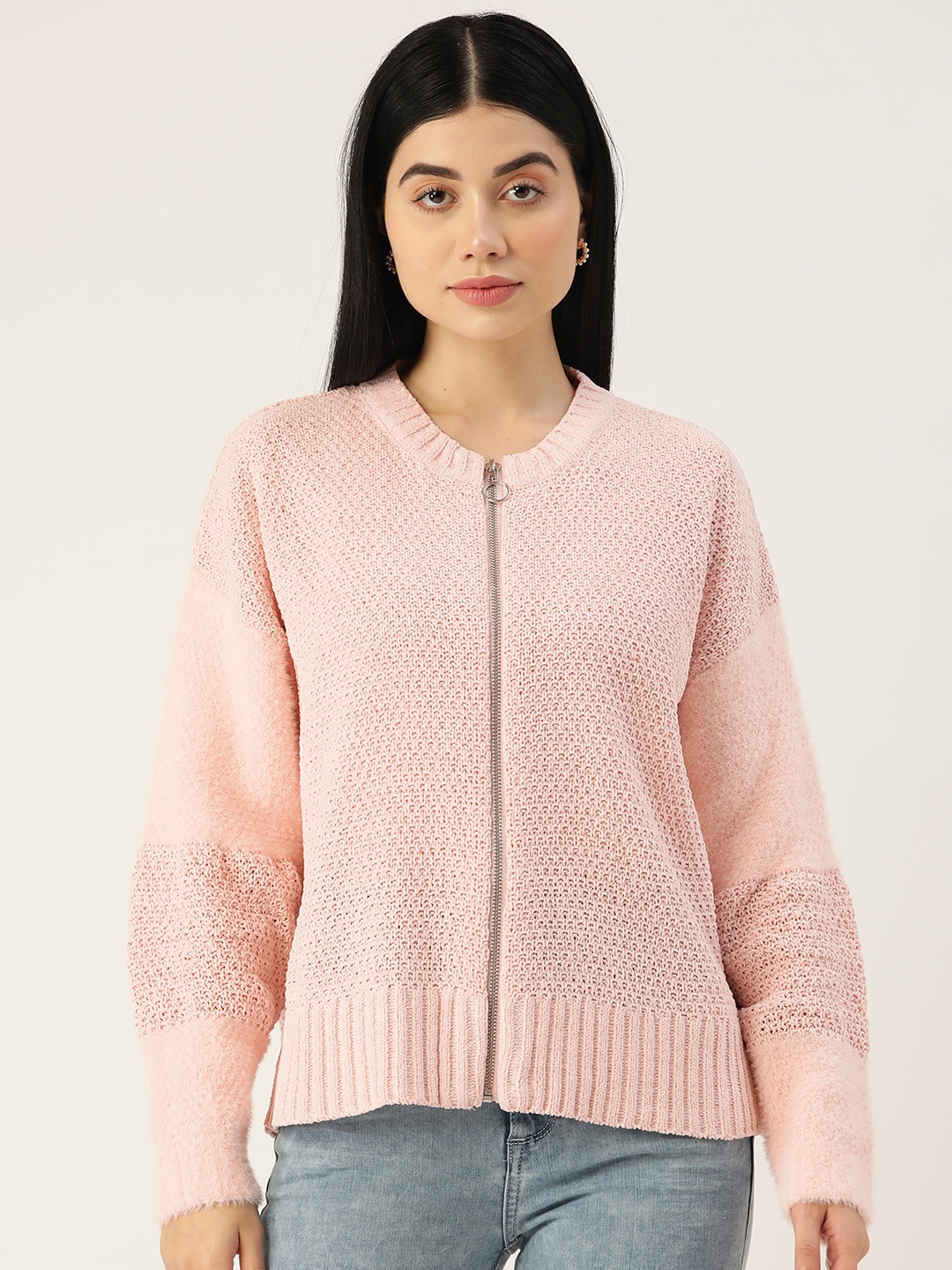 

Madame Women Peach-Coloured Cable Knit Cardigan with Fuzzy Detail