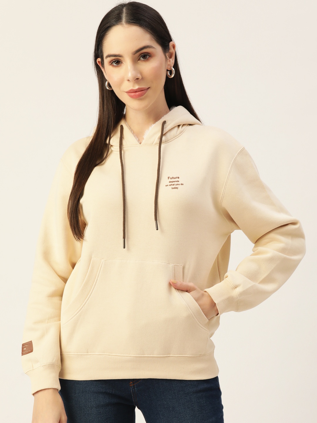 

Madame Women Cream-Coloured Solid Hooded Sweatshirt