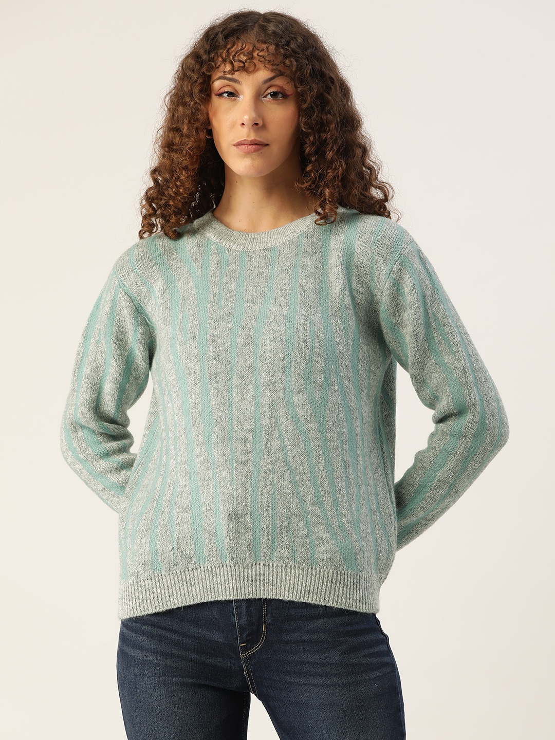 

Madame Women Grey & Sea Green Self Striped Pullover