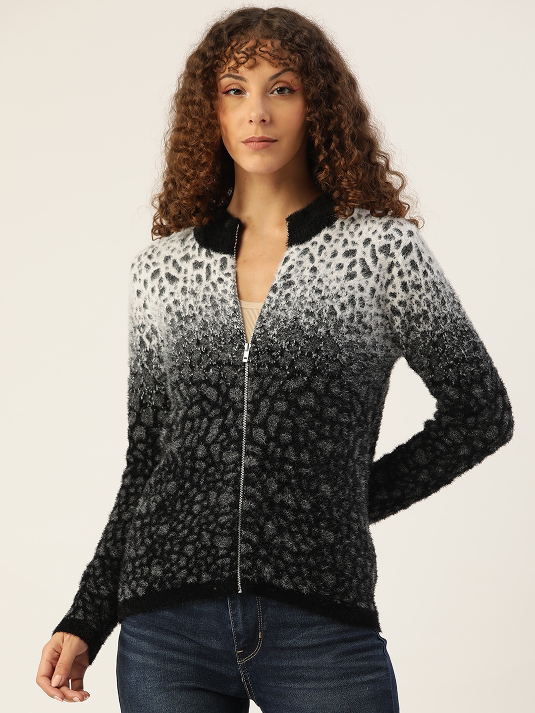 

Madame Women Black & White Animal Cardigan with Fuzzy Detail