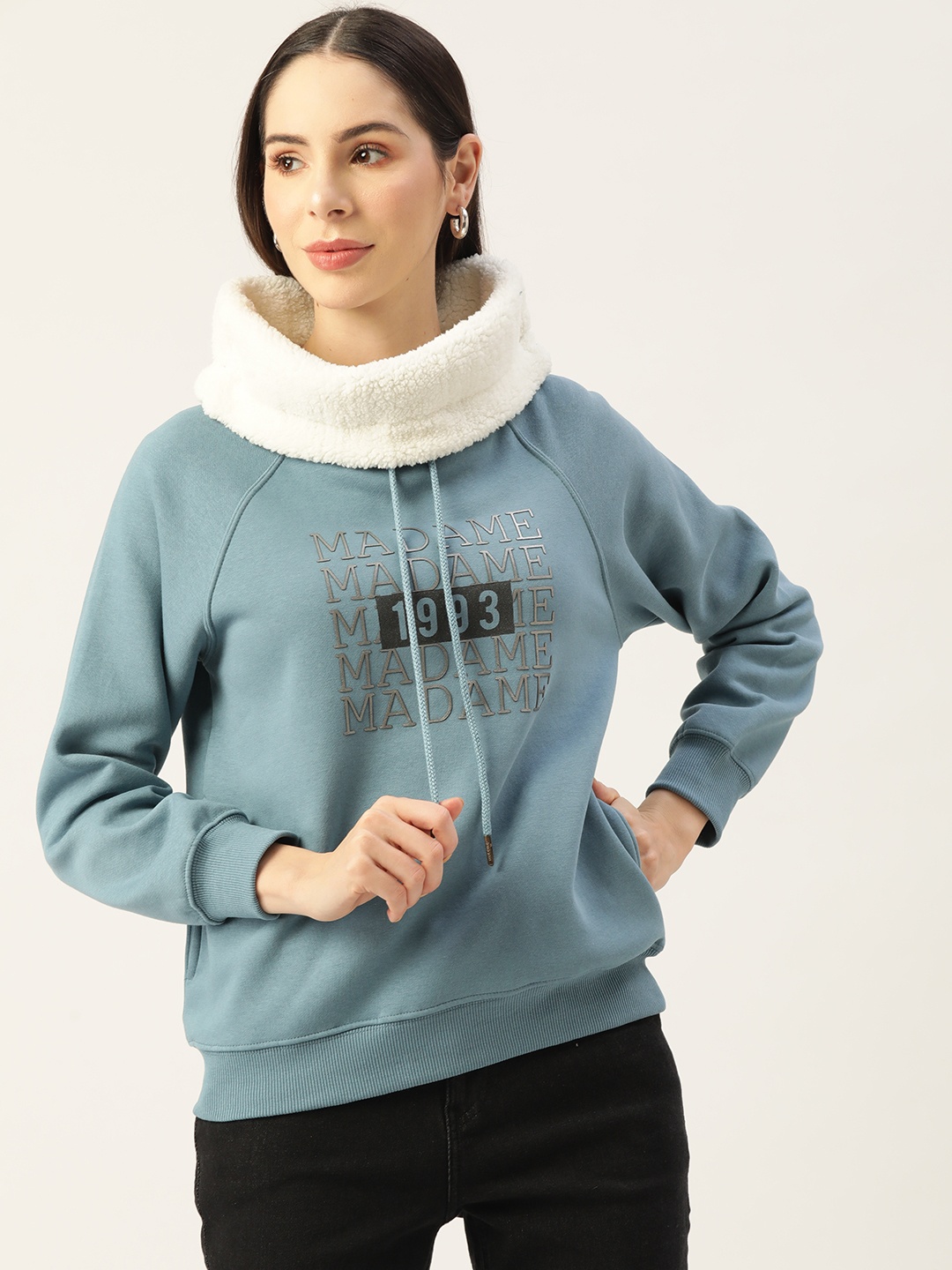 

Madame Women Blue Printed Stylized Turtle Neck Sweatshirt