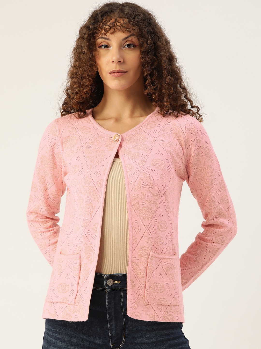 

Madame Women Pink Self-Design Front-Open Sweater, Peach