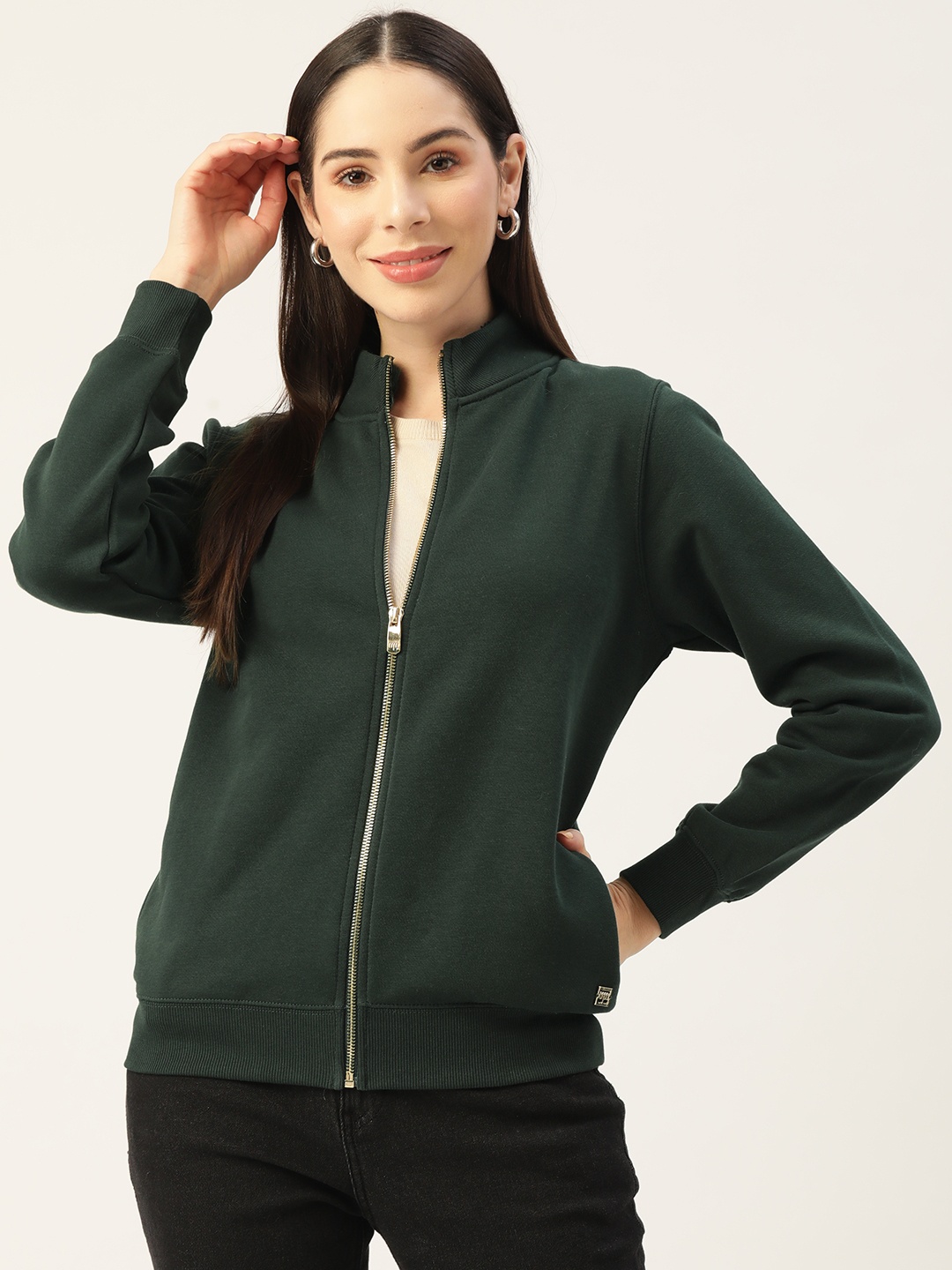 

Madame Women Green Mock Collar Front-Open Sweatshirt