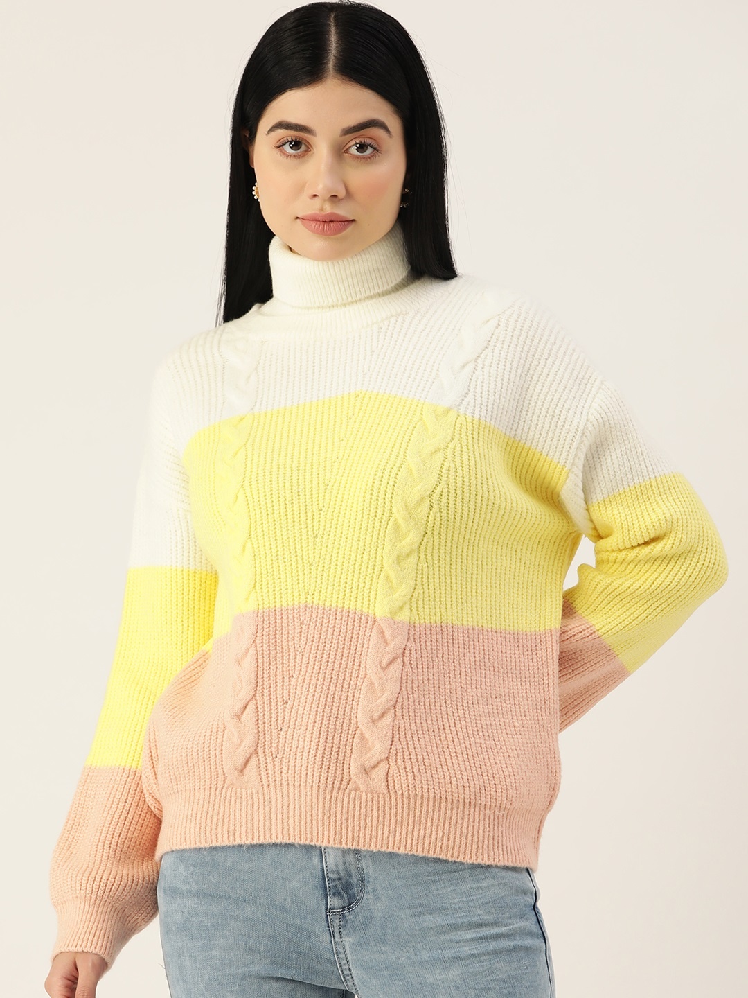 

Madame Women Off White & Yellow Turtle Neck Cable-Knit Colourblocked Pullover