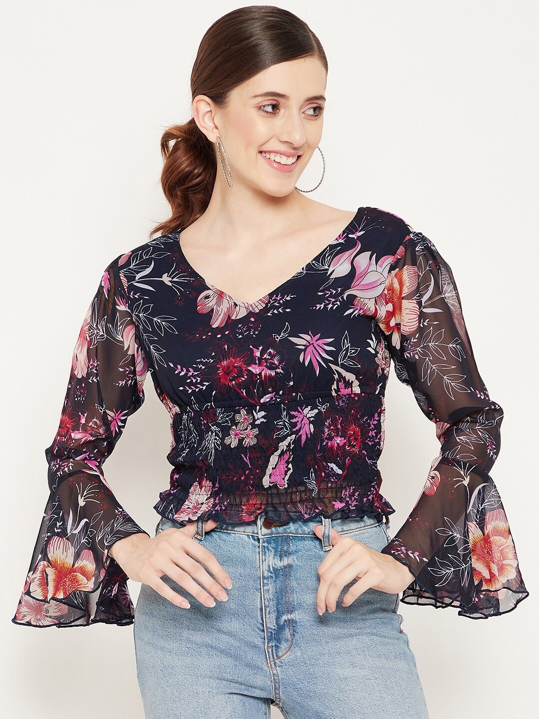 

Bitterlime Navy Blue & Red Floral Print Georgette Top