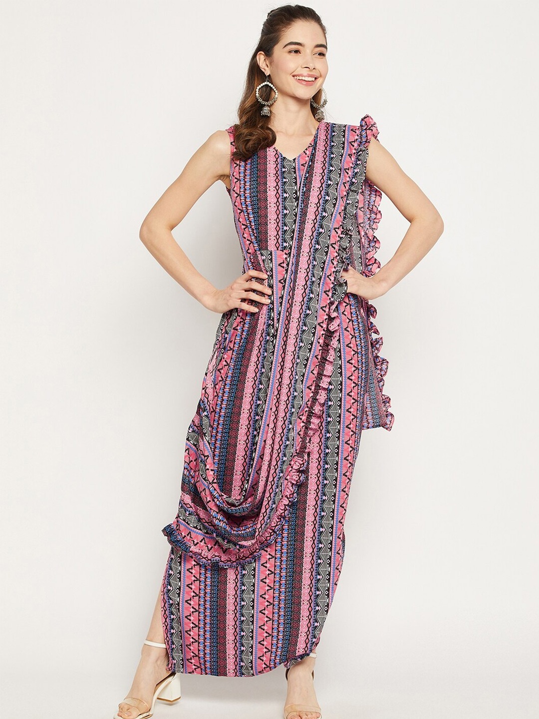 

Uptownie Lite Pink & Blue Geometric Printed Basic Jumpsuit with Dupatta
