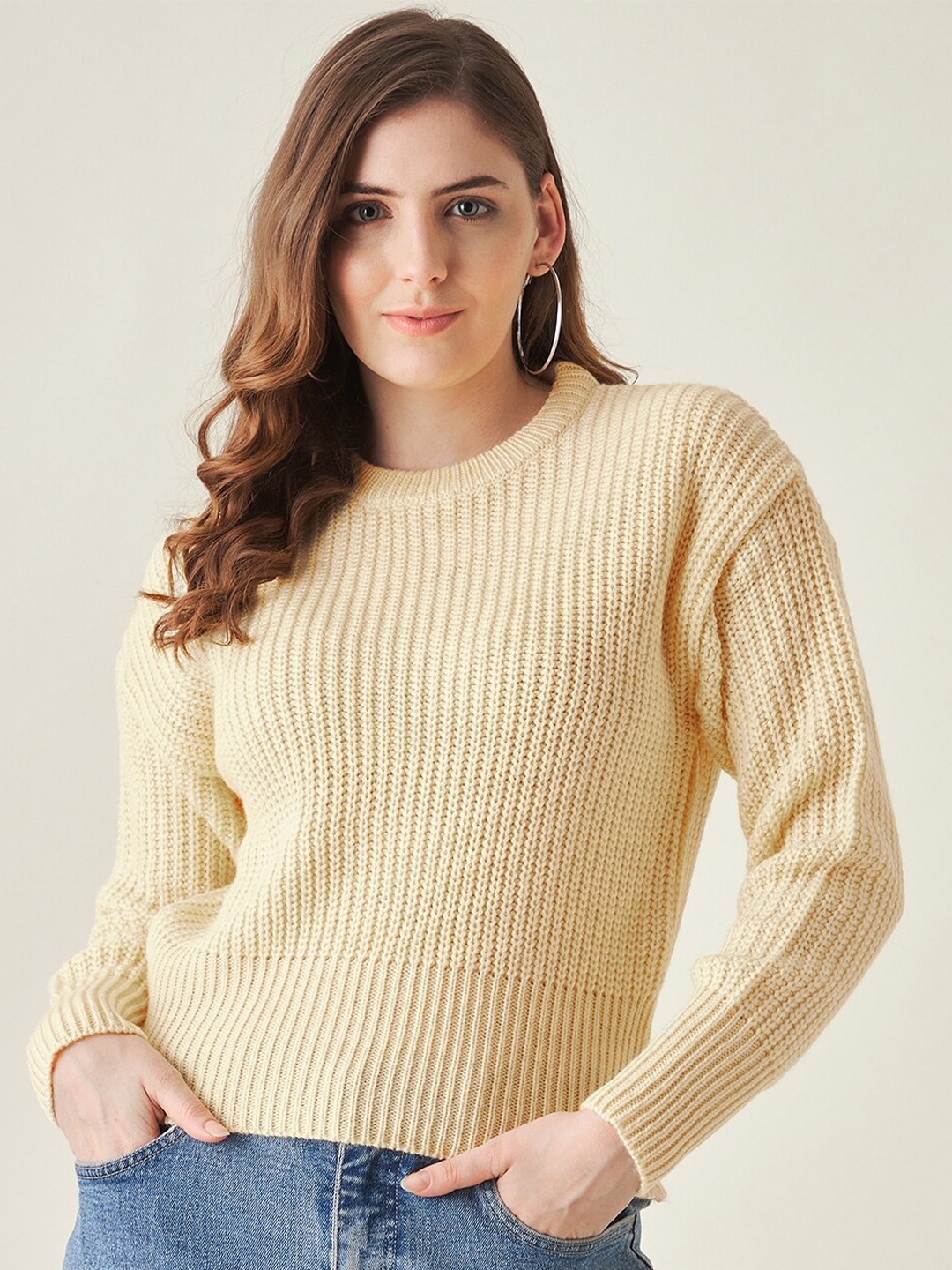 

Modeve Women Yellow Acrylic Cable Knit Pullover
