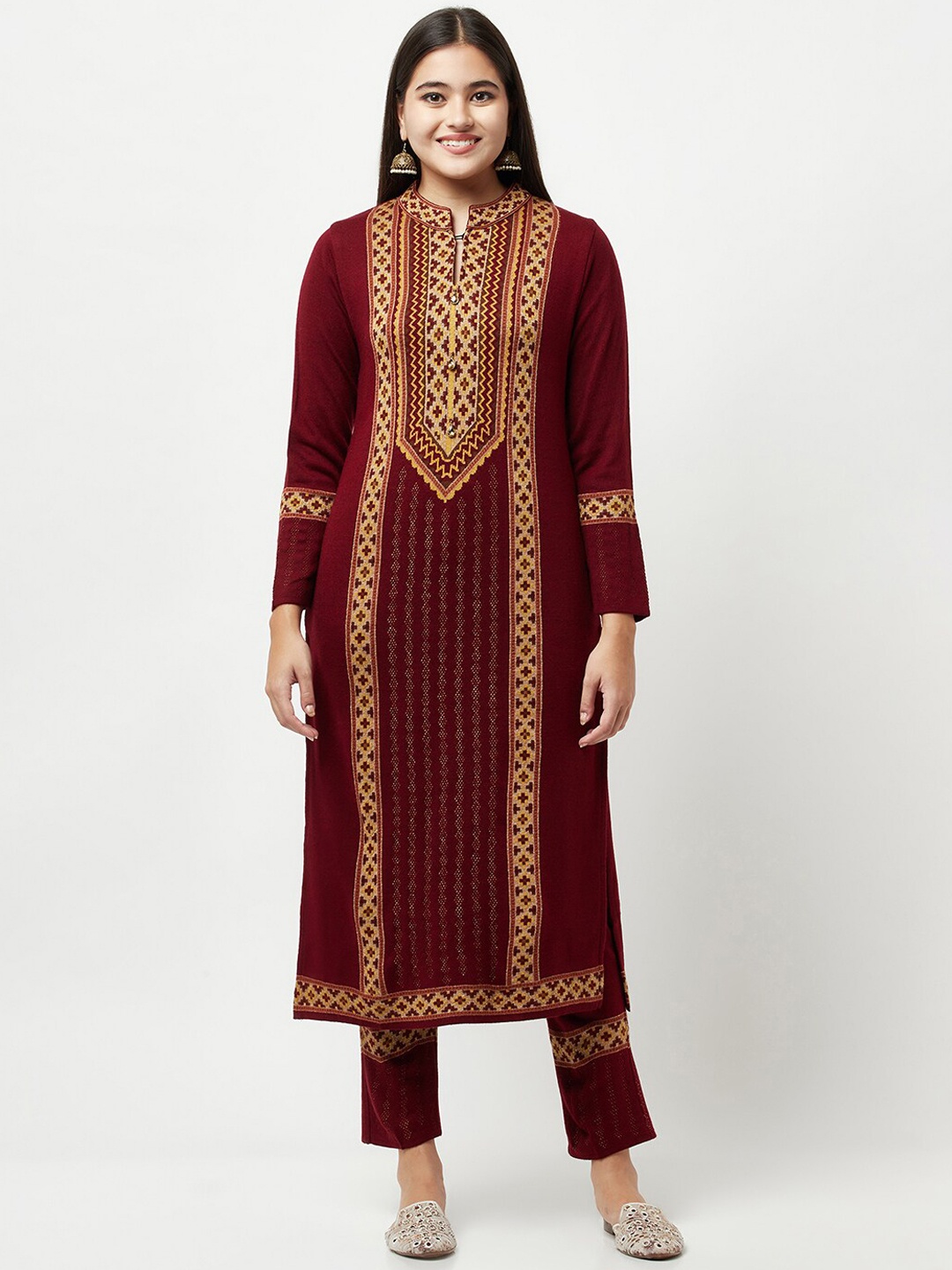 

Knitstudio Women Maroon Ethnic Motifs Kurti with Trousers
