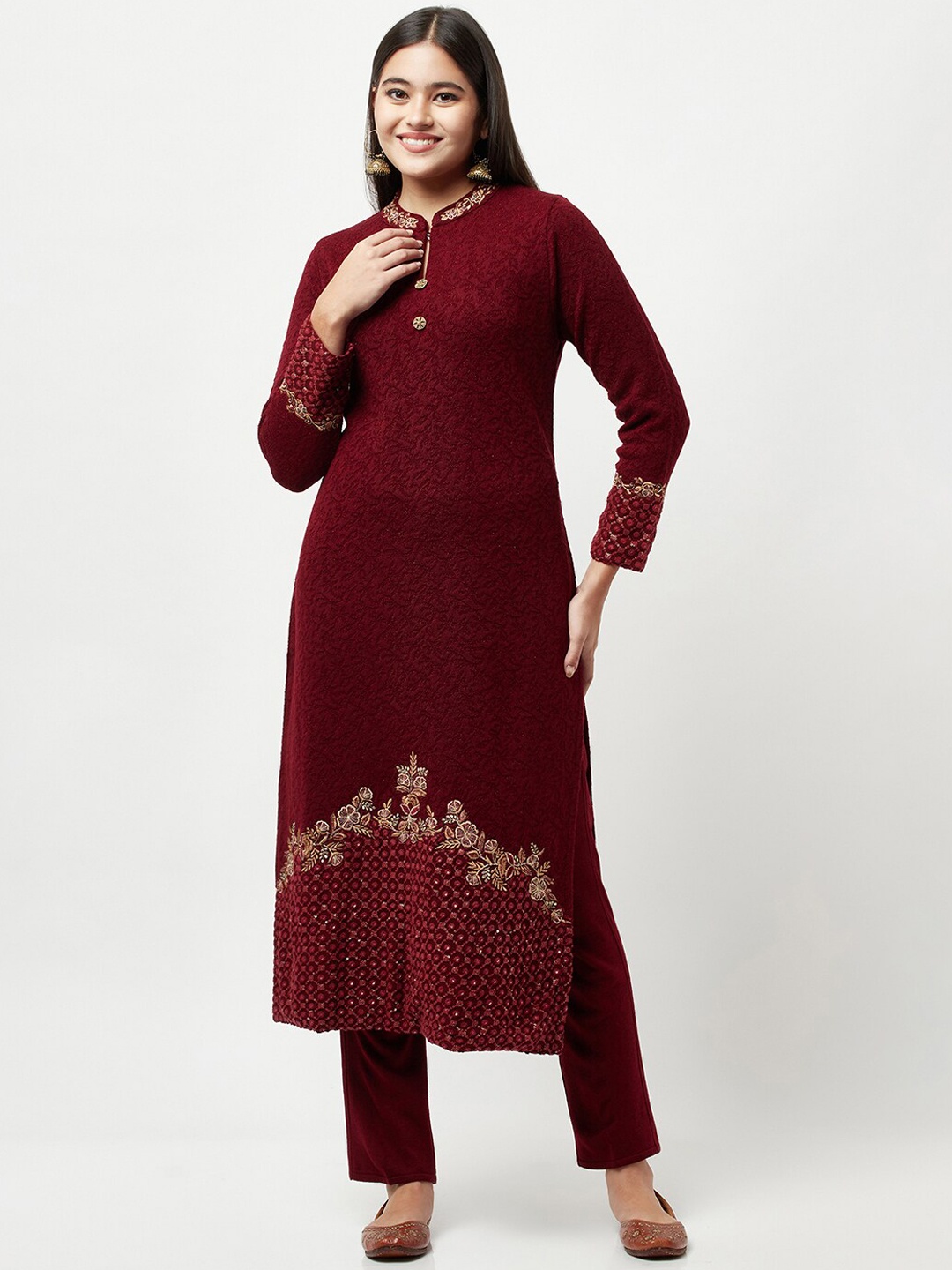 

Knitstudio Women Floral Kurti with Trousers, Maroon