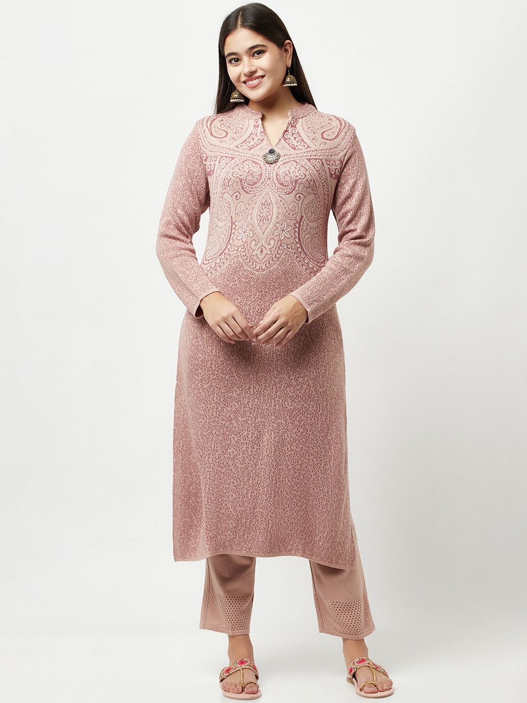 

Knitstudio Women Pink Ethnic Motifs Kurti with Trousers