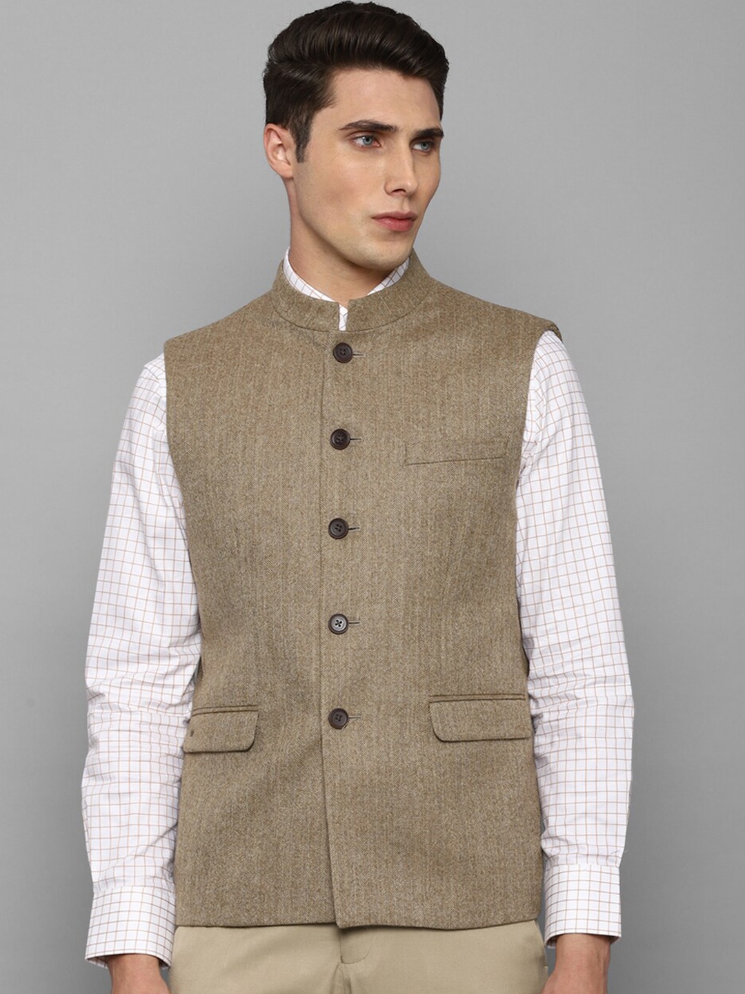 

Louis Philippe Men Khaki Solid Woollen Nehru Jacket