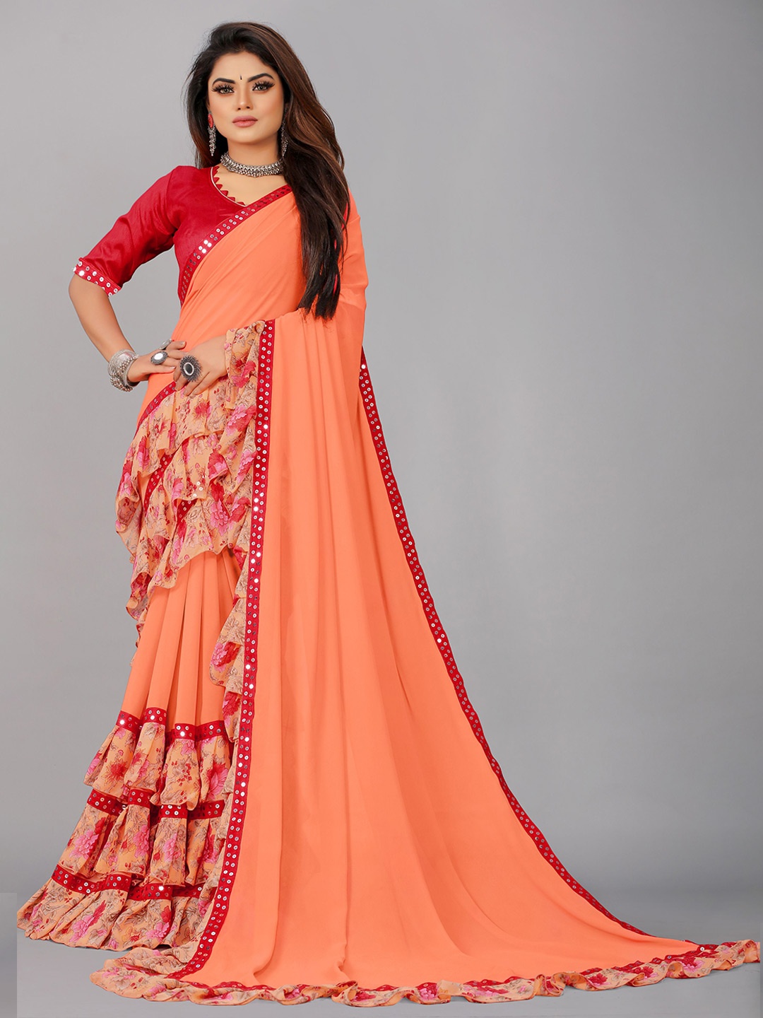 

B4ME COM Peach-Coloured & Red Mirror Work Pure Georgette Saree With Ruffle Boarder