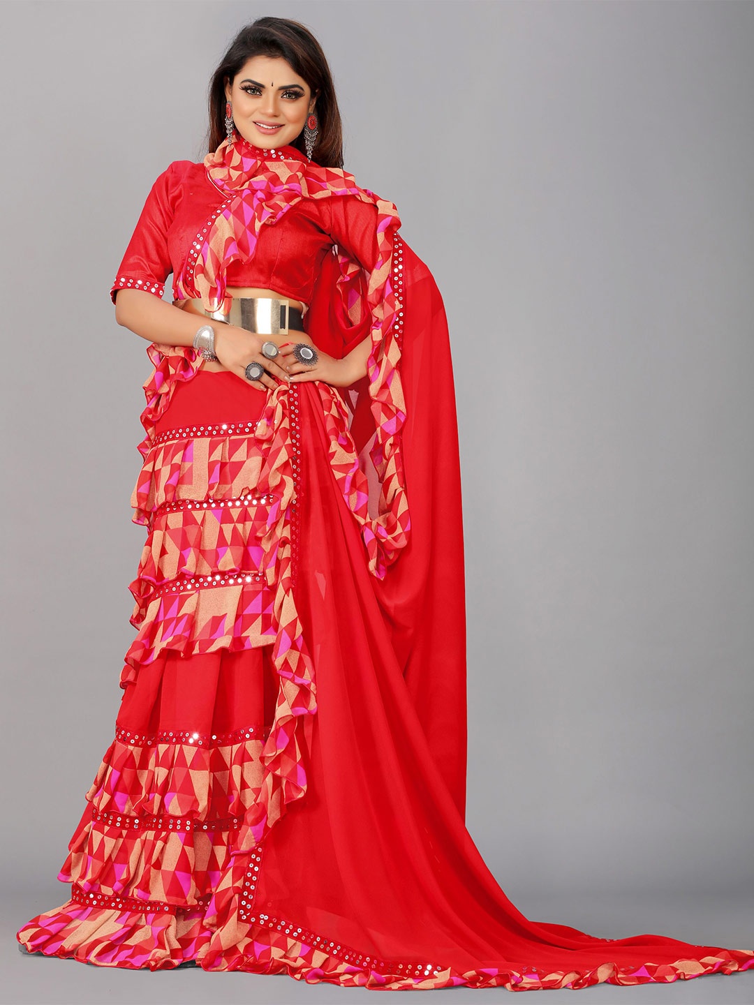 

B4ME.COM Red & Pink Mirror Work Pure Georgette Saree With Ruffle Boarder