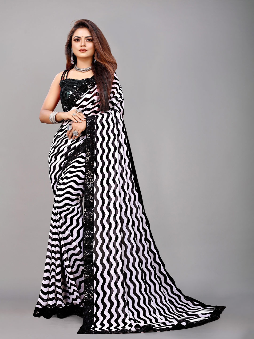 

B4ME COM Black & White Sequinned Pure Georgette Saree