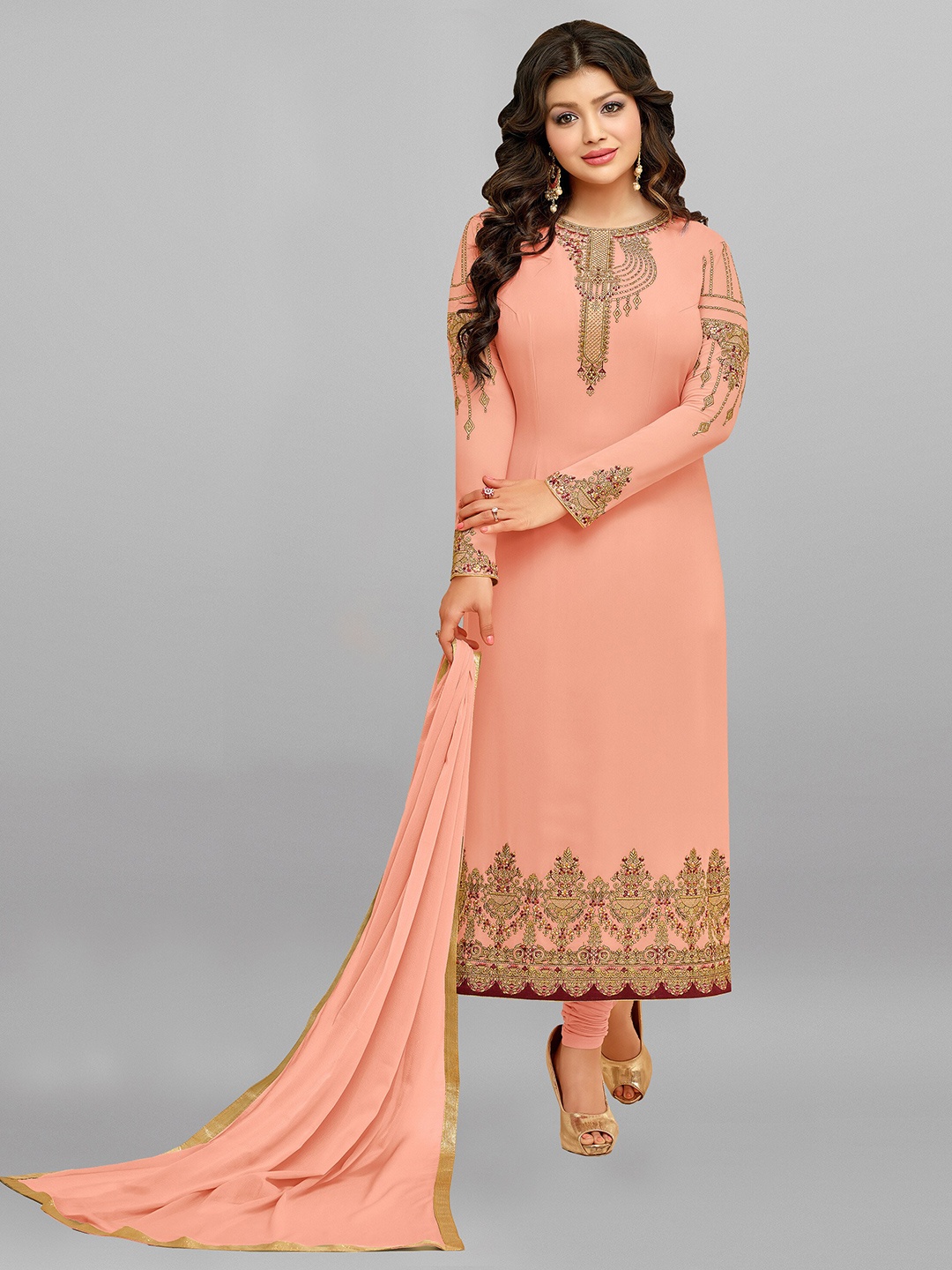 

mf Peach-Coloured & Gold-Toned Embroidered Semi-Stitched Dress Material