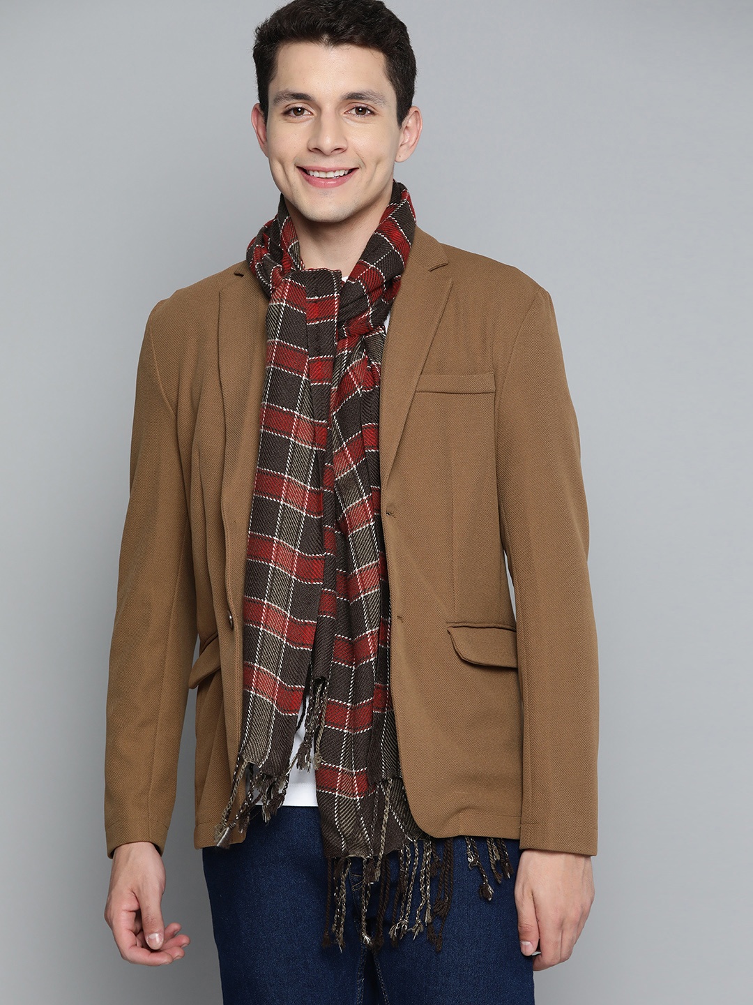 

Mast & Harbour Men Checked Tasselled Scarf, Brown