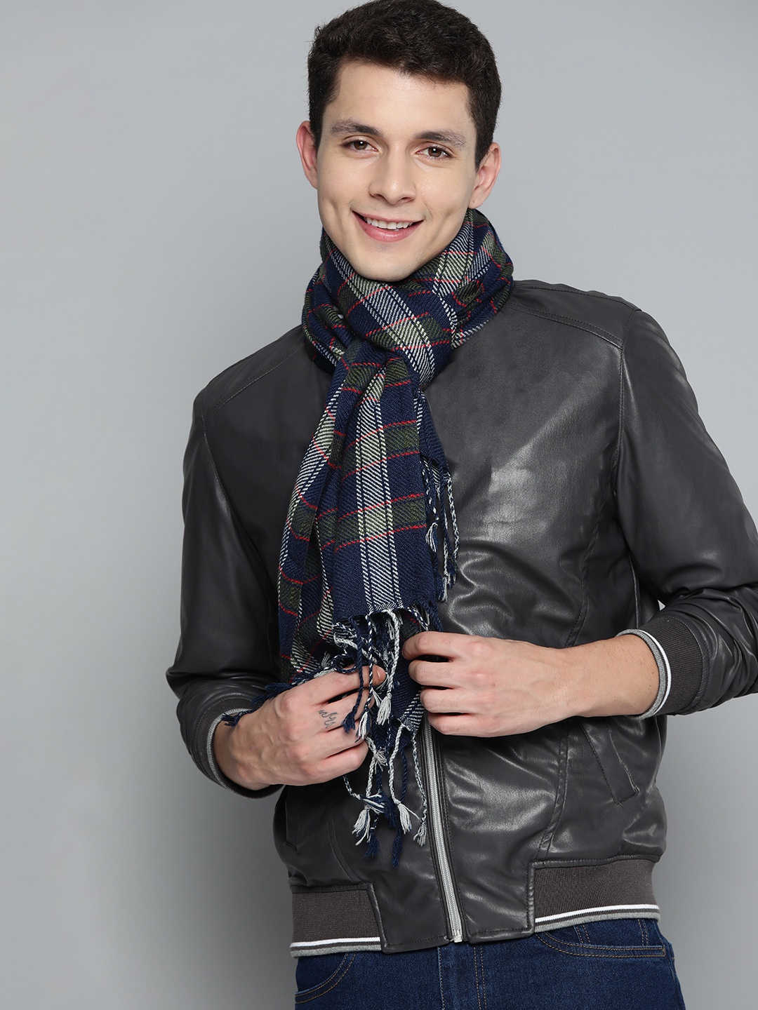 

Mast & Harbour Men Checked Acrylic Muffler, Navy blue