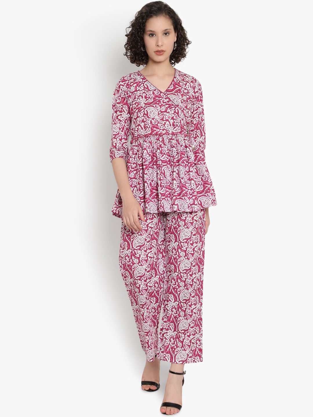 

Indietoga Women Plus Size Paisley Hand Block Printed Cotton Top and Trouser Co-Ords Set, Pink