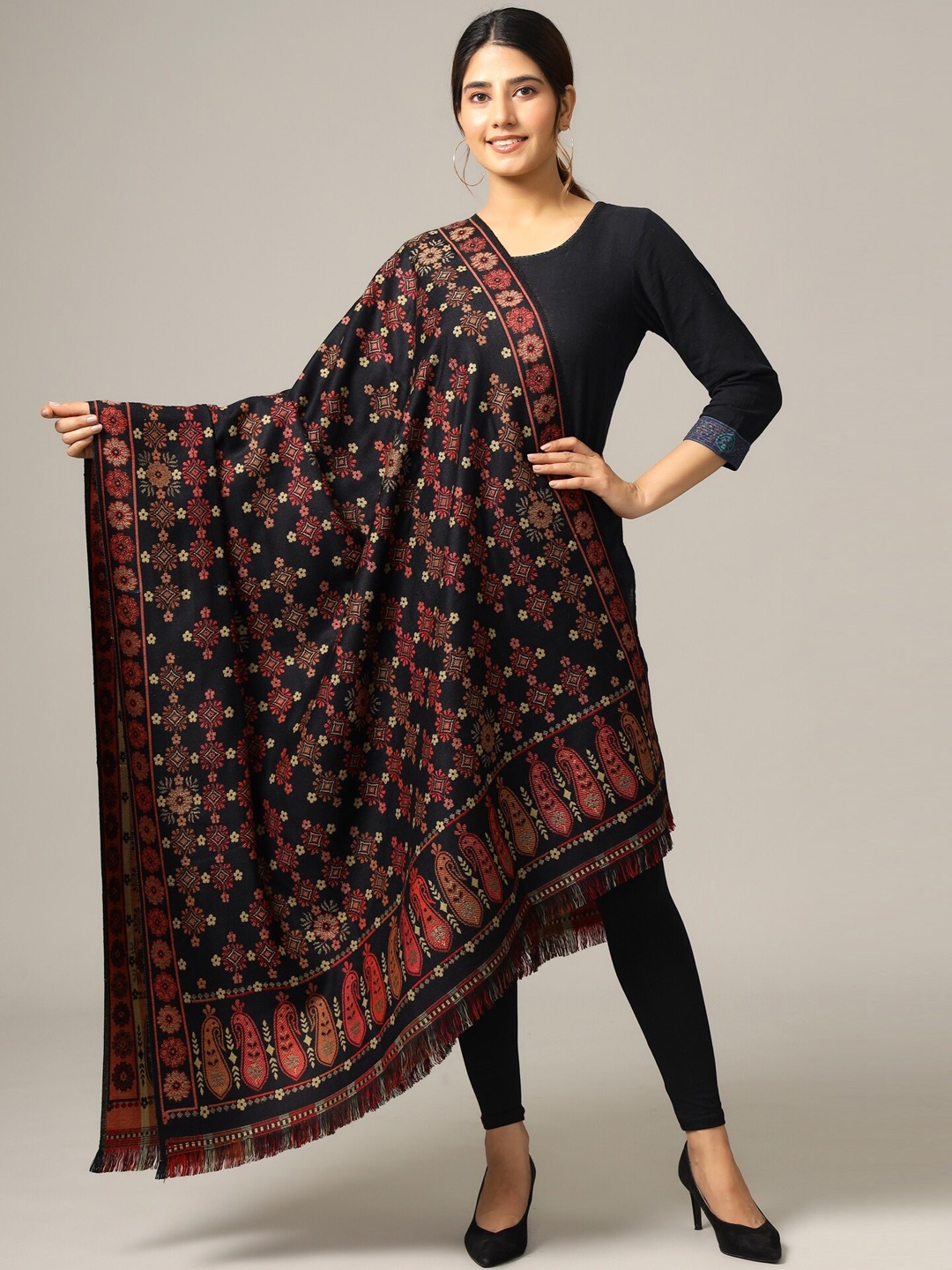 

HANDICRAFT PALACE Women Black & Red Woven-Design Shawl