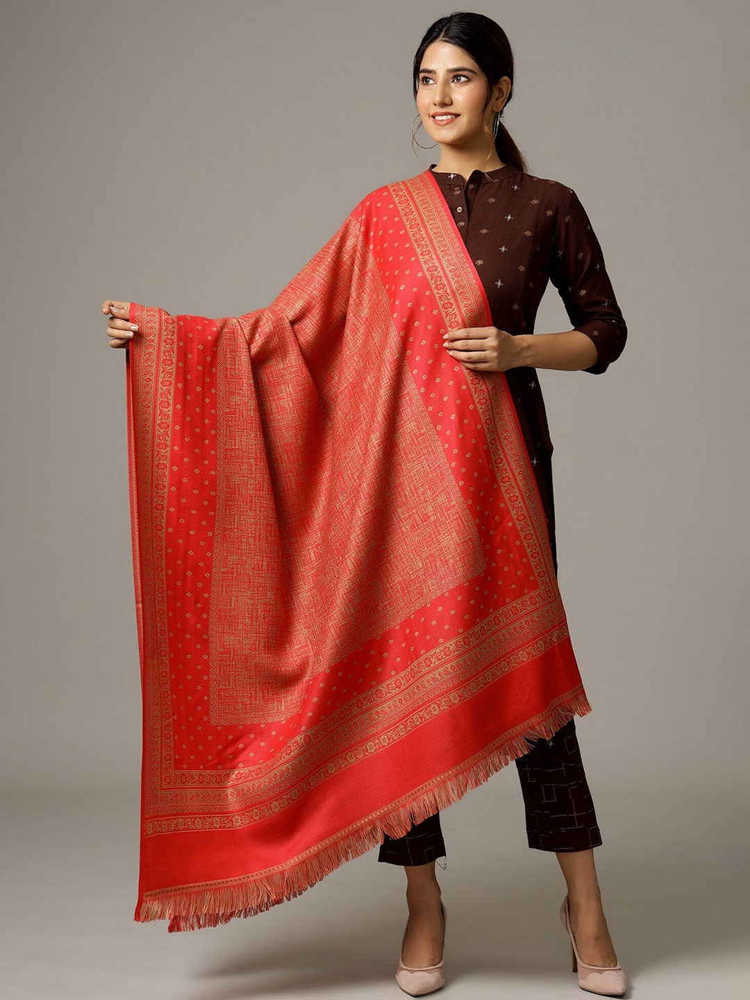 

HANDICRAFT PALACE Women Pink & Golden Woven-Design Shawl