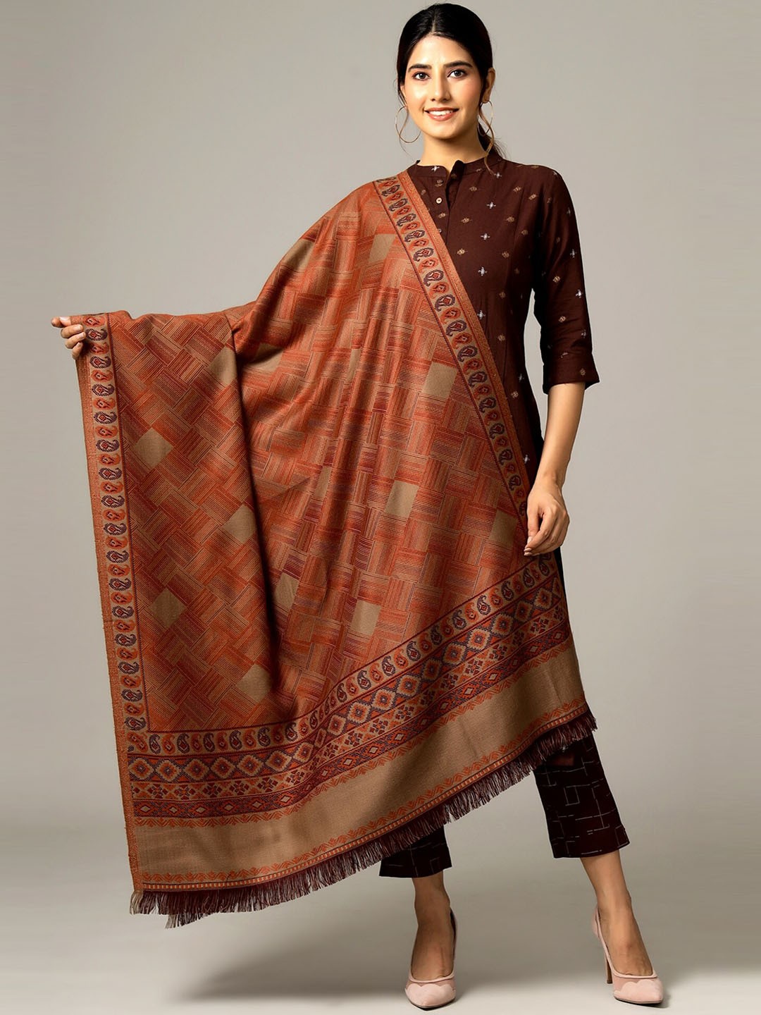 

HANDICRAFT PALACE Women Maroon & Beige Woven Design Shawl