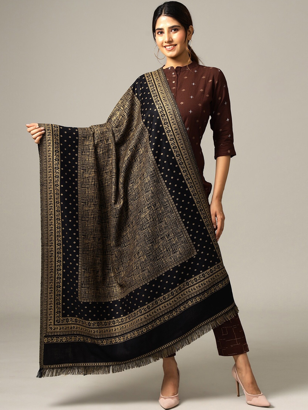 

HANDICRAFT PALACE Women Black & Beige Woven-Design Shawl