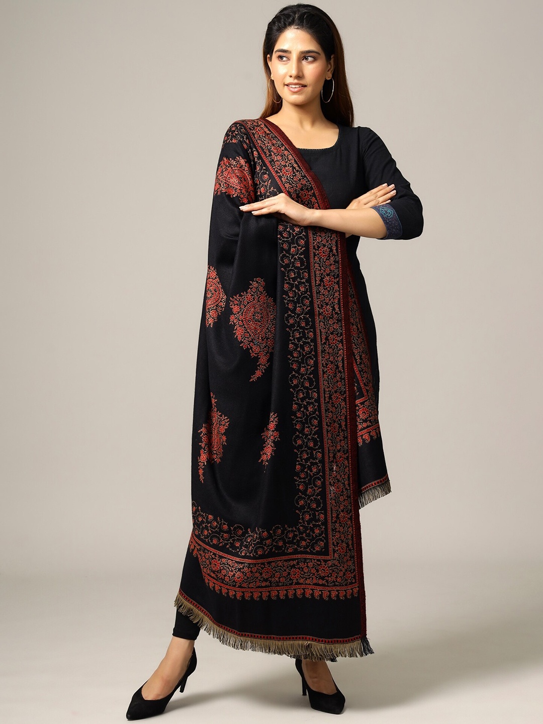 

HANDICRAFT PALACE Women Black & Red Woven-Design Shawl