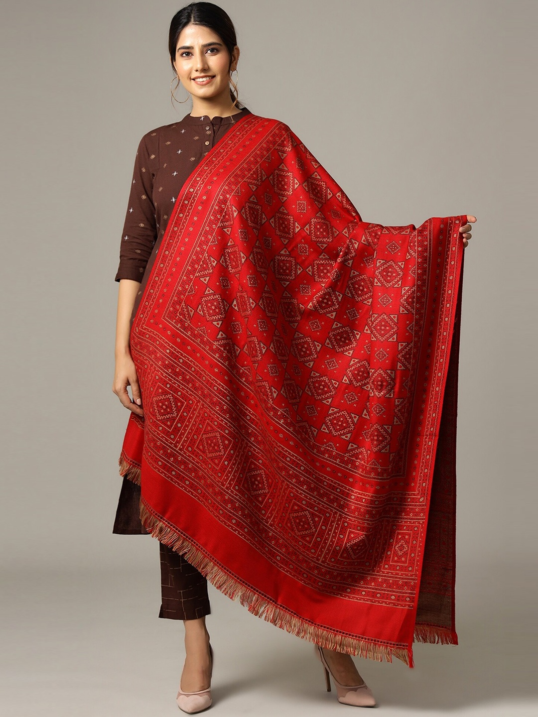

HANDICRAFT PALACE Women Red & Brown Woven Design Shawl