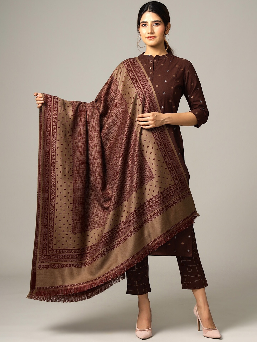 

HANDICRAFT PALACE Women Brown & Maroon Abstract Woven-Design Shawl