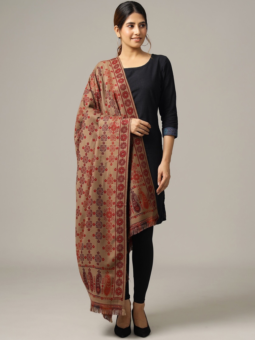 

HANDICRAFT PALACE Women Brown & Red Woven Design Shawl
